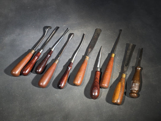 Grouping of 10 Antique and Vintage Wood-Handled Chisels and Gouges in Assorted Profiles