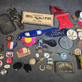 Lot 140 - Grouping of Antique and Vintage Junk Drawer Smalls Including Eagle Pencil Co. Compass Box, Ford Key Fob, Military Medals and Belt Buckle, Eyeglasses, Match Safe, and Pinback Buttons