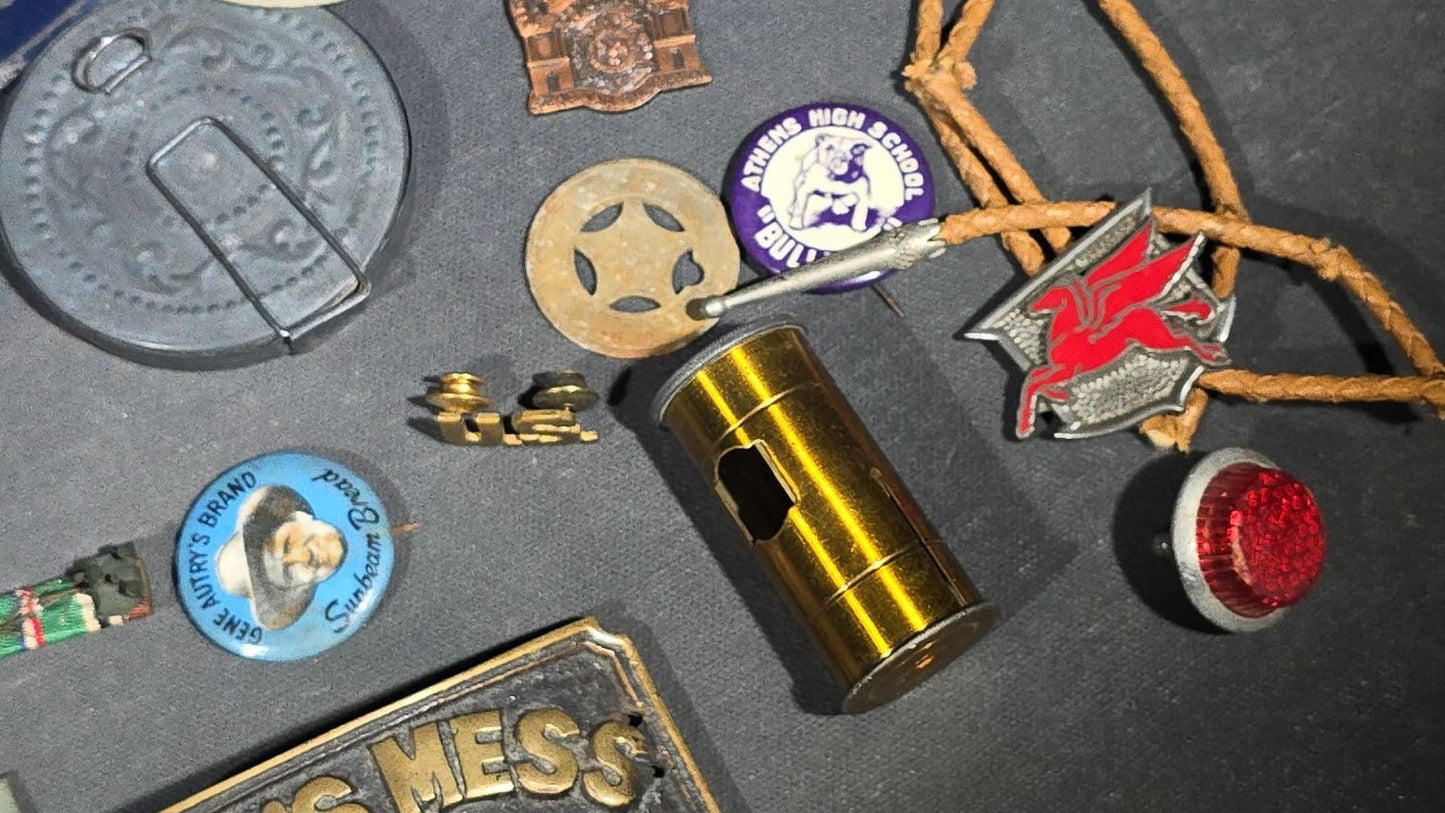 Grouping of Antique and Vintage Junk Drawer Smalls including Eagle Pencil Co. Compass Box, Ford Key Fob, Military Medals and Belt Buckle, Eyeglasses, Match Safe, and Pinback Buttons
