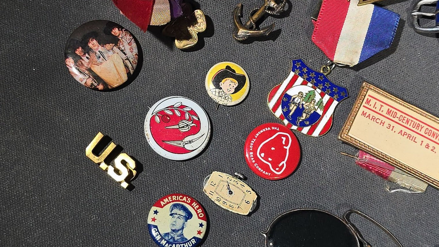 Grouping of Antique and Vintage Junk Drawer Smalls including Eagle Pencil Co. Compass Box, Ford Key Fob, Military Medals and Belt Buckle, Eyeglasses, Match Safe, and Pinback Buttons