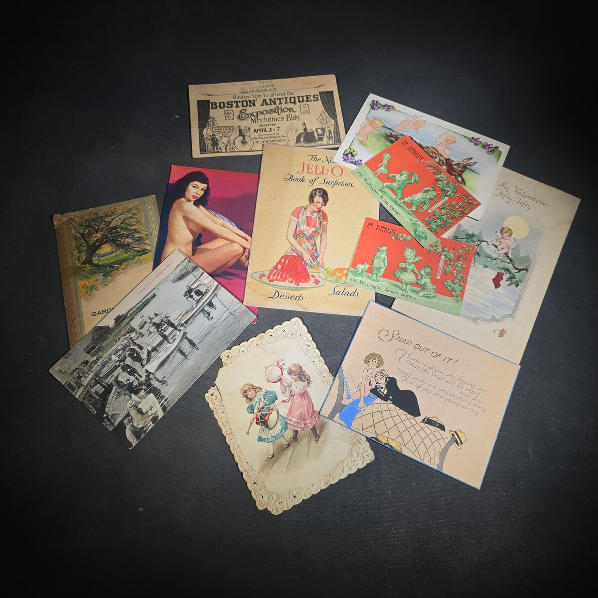 Grouping of 11 Antique, Vintage, and Modern Ephemera including St. Botolph Fancy Goods Store Trade Cards, Boston, Massachusetts, 1916 Whitney Easter Postcard, Jell-O Recipe Booklet, and Hingham, Massachusetts Fishing Postcard