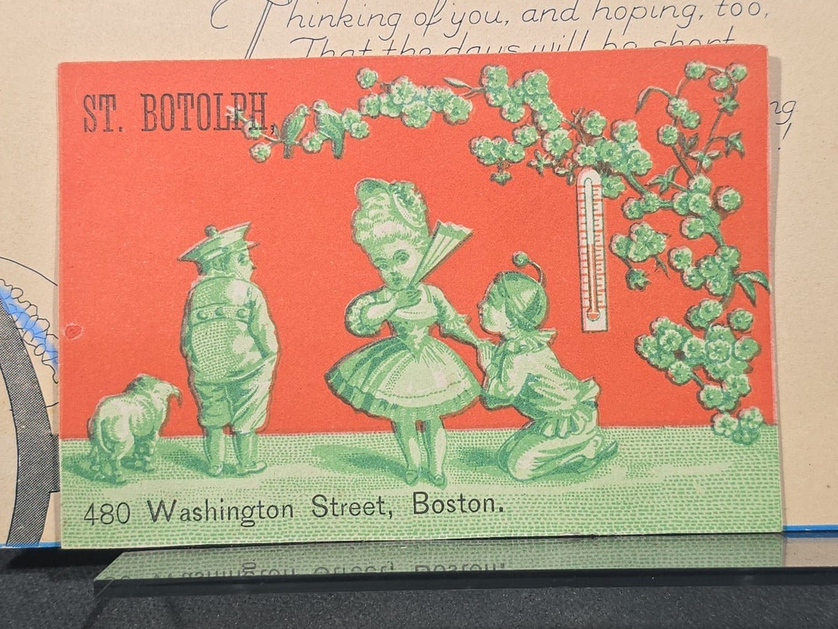 Grouping of 11 Antique, Vintage, and Modern Ephemera including St. Botolph Fancy Goods Store Trade Cards, Boston, Massachusetts, 1916 Whitney Easter Postcard, Jell-O Recipe Booklet, and Hingham, Massachusetts Fishing Postcard