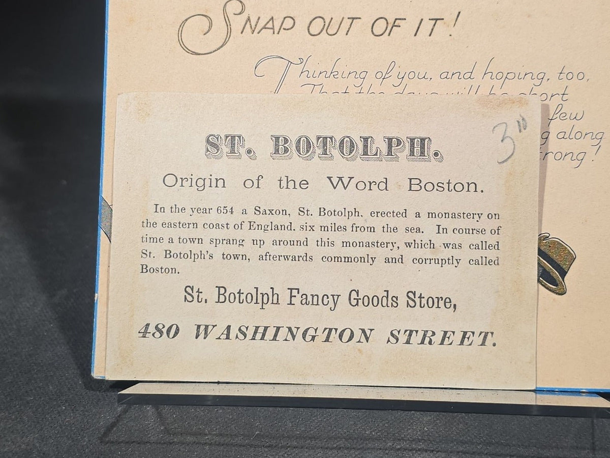 Grouping of 11 Antique, Vintage, and Modern Ephemera including St. Botolph Fancy Goods Store Trade Cards, Boston, Massachusetts, 1916 Whitney Easter Postcard, Jell-O Recipe Booklet, and Hingham, Massachusetts Fishing Postcard