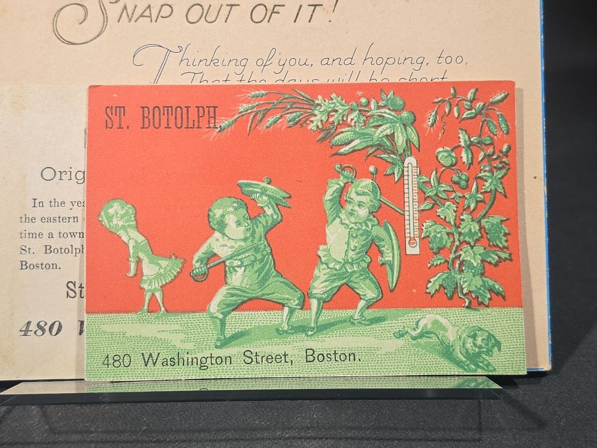 Grouping of 11 Antique, Vintage, and Modern Ephemera including St. Botolph Fancy Goods Store Trade Cards, Boston, Massachusetts, 1916 Whitney Easter Postcard, Jell-O Recipe Booklet, and Hingham, Massachusetts Fishing Postcard