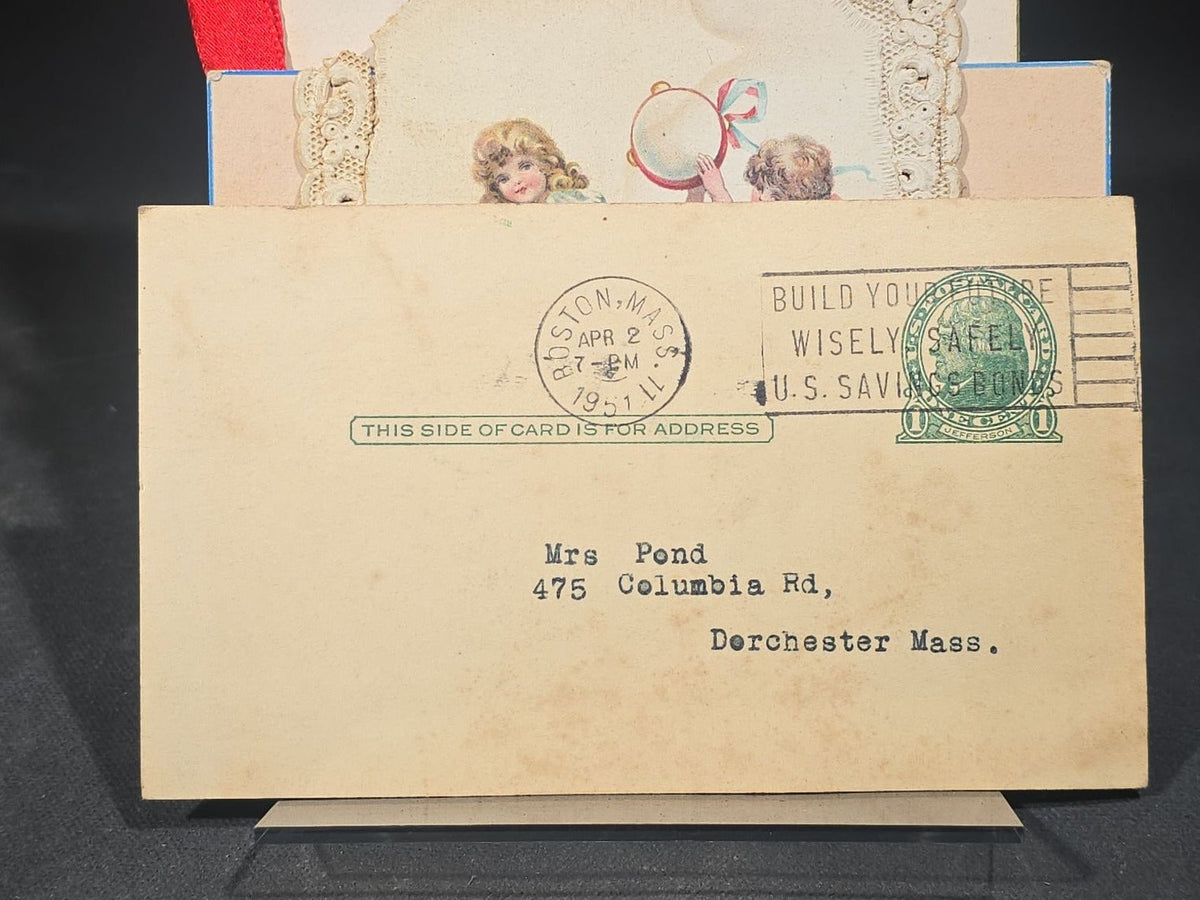 Grouping of 11 Antique, Vintage, and Modern Ephemera including St. Botolph Fancy Goods Store Trade Cards, Boston, Massachusetts, 1916 Whitney Easter Postcard, Jell-O Recipe Booklet, and Hingham, Massachusetts Fishing Postcard