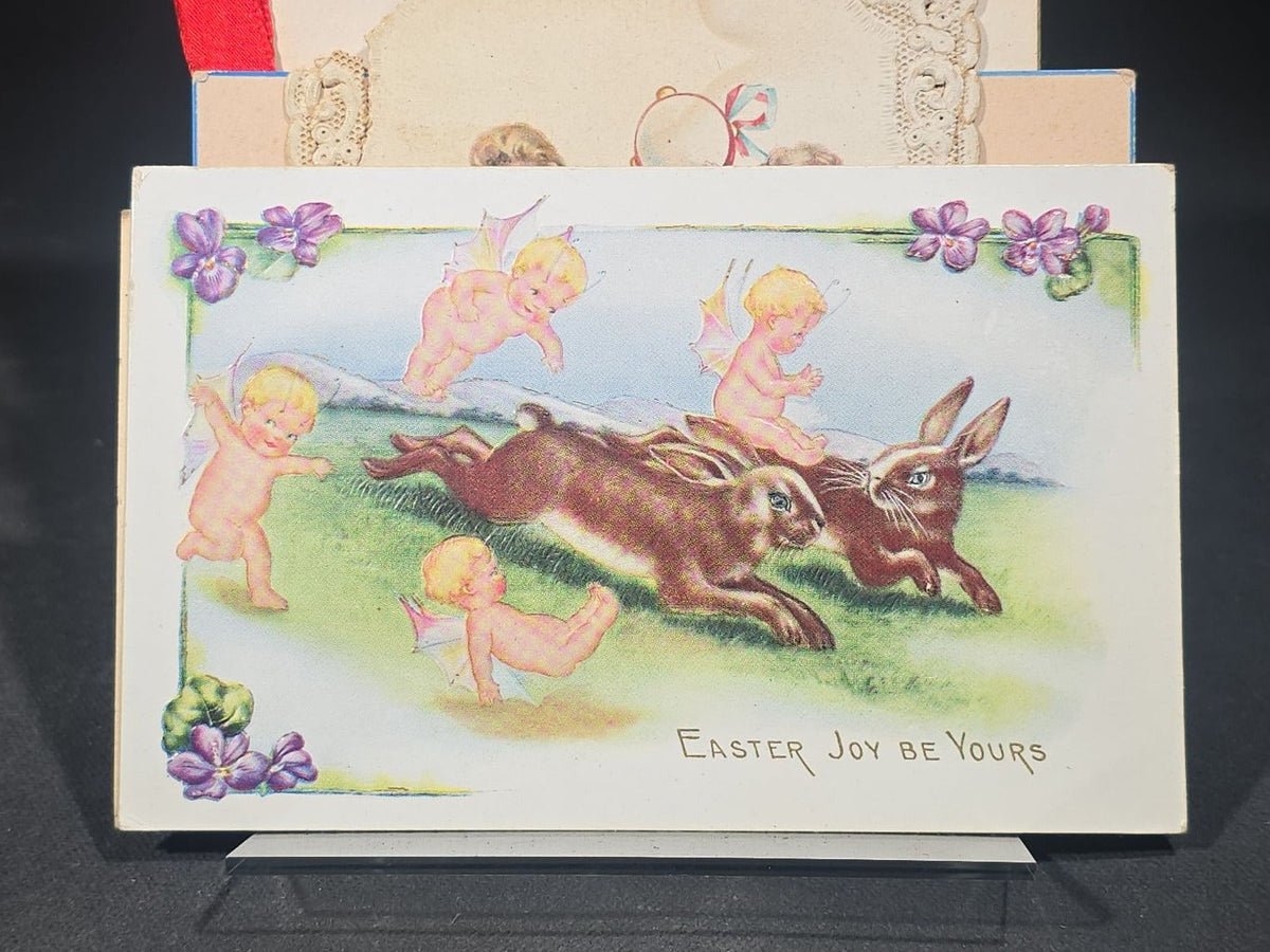 Grouping of 11 Antique, Vintage, and Modern Ephemera including St. Botolph Fancy Goods Store Trade Cards, Boston, Massachusetts, 1916 Whitney Easter Postcard, Jell-O Recipe Booklet, and Hingham, Massachusetts Fishing Postcard