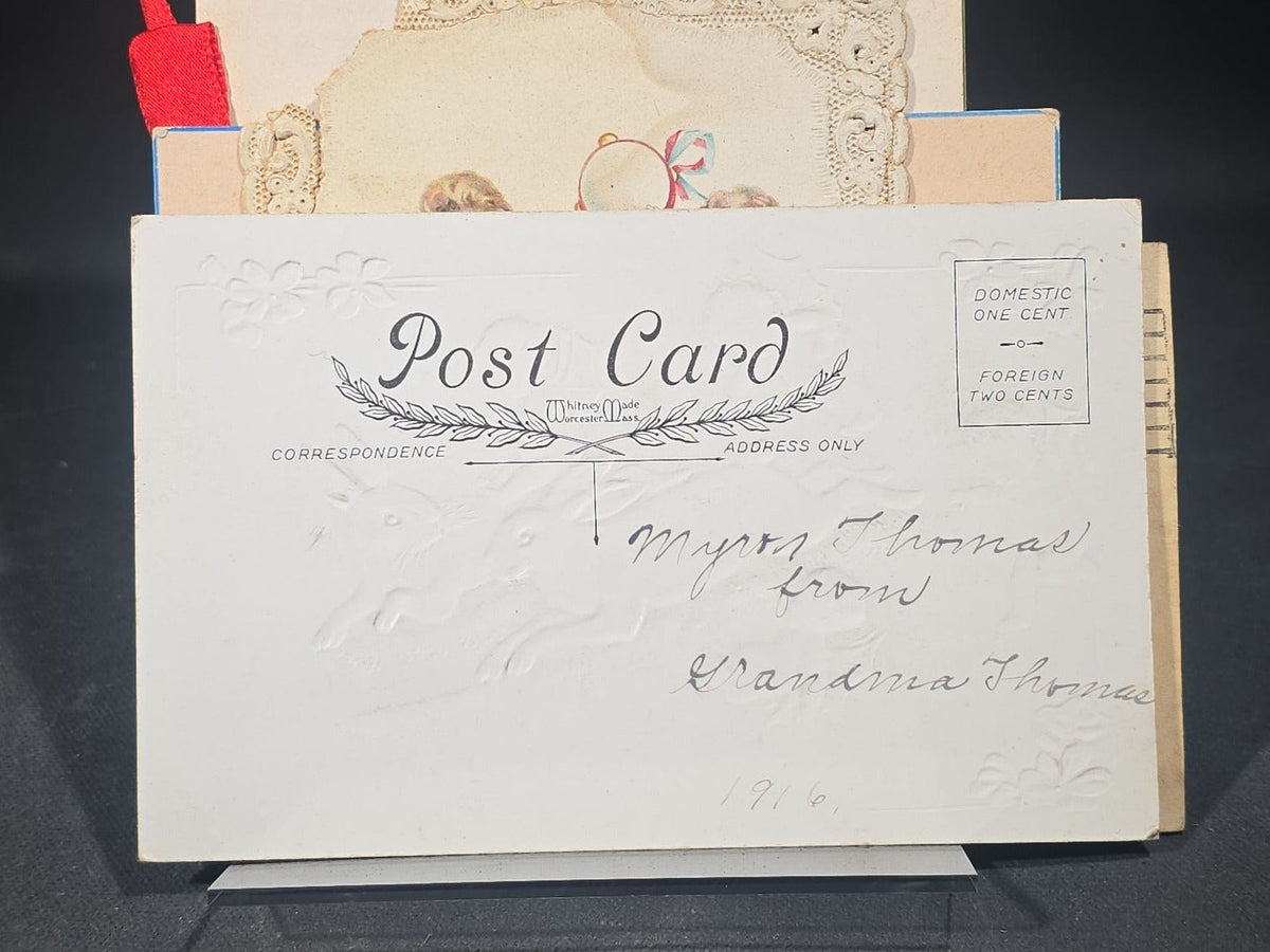 Grouping of 11 Antique, Vintage, and Modern Ephemera including St. Botolph Fancy Goods Store Trade Cards, Boston, Massachusetts, 1916 Whitney Easter Postcard, Jell-O Recipe Booklet, and Hingham, Massachusetts Fishing Postcard