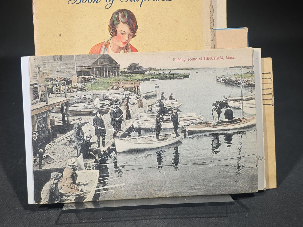 Grouping of 11 Antique, Vintage, and Modern Ephemera including St. Botolph Fancy Goods Store Trade Cards, Boston, Massachusetts, 1916 Whitney Easter Postcard, Jell-O Recipe Booklet, and Hingham, Massachusetts Fishing Postcard