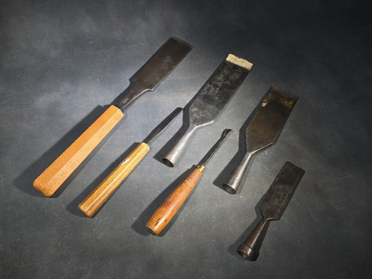 Grouping of Five Antique Chisels with Wood Handles including Butcher Cast Steel