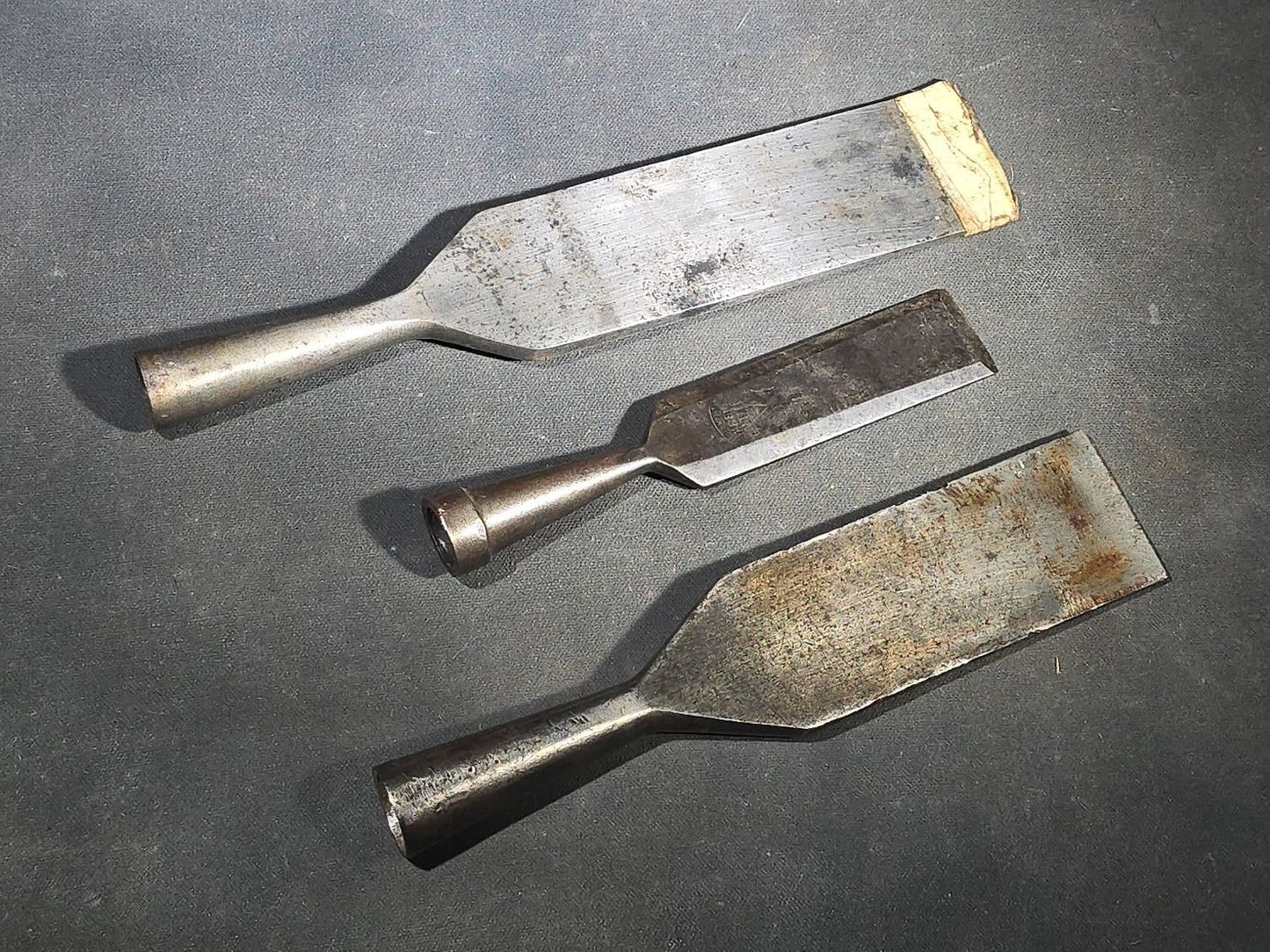 Grouping of Five Antique Chisels with Wood Handles including Butcher Cast Steel