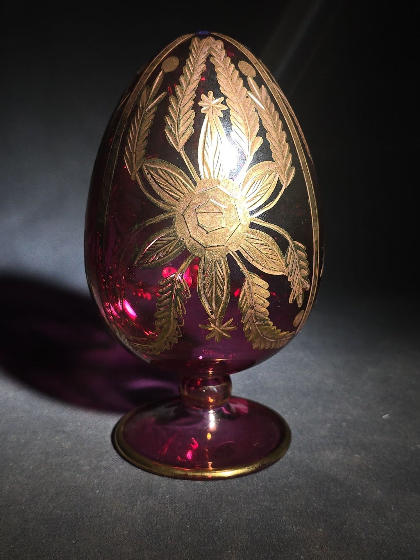 Modern Egyptian Glass Egg with Gold Floral Decoration on Pedestal Base