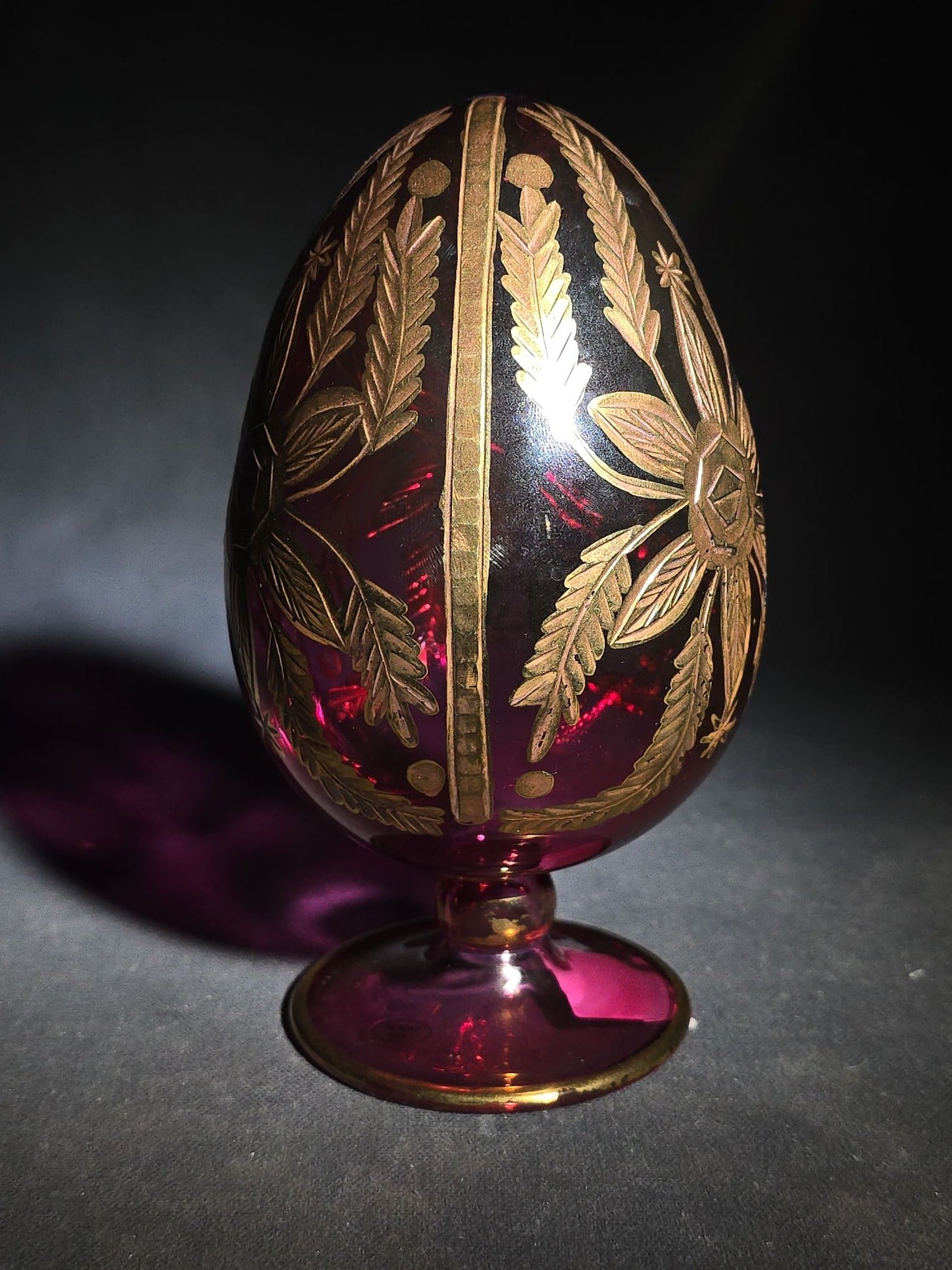 Modern Egyptian Glass Egg with Gold Floral Decoration on Pedestal Base