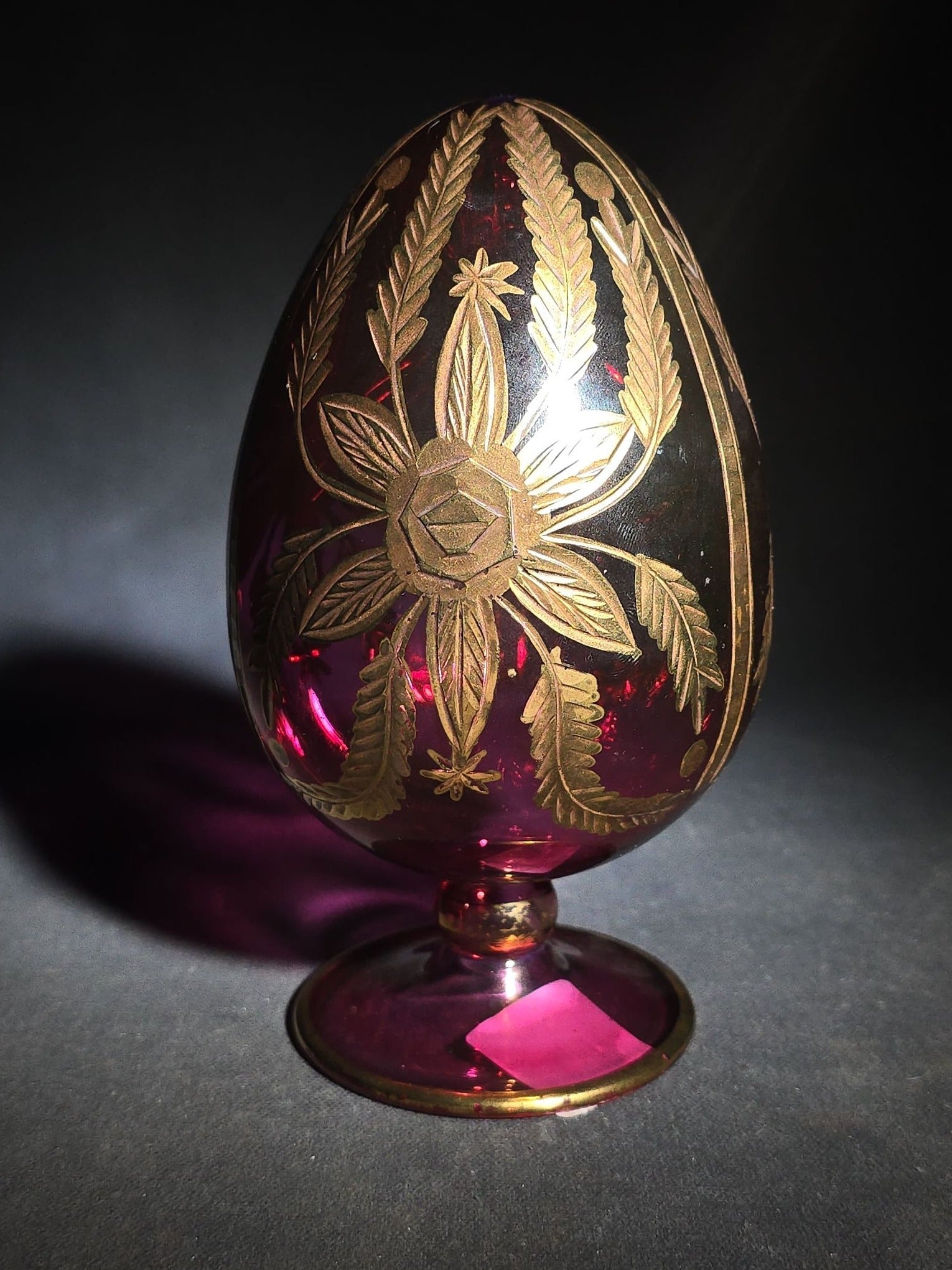 Modern Egyptian Glass Egg with Gold Floral Decoration on Pedestal Base