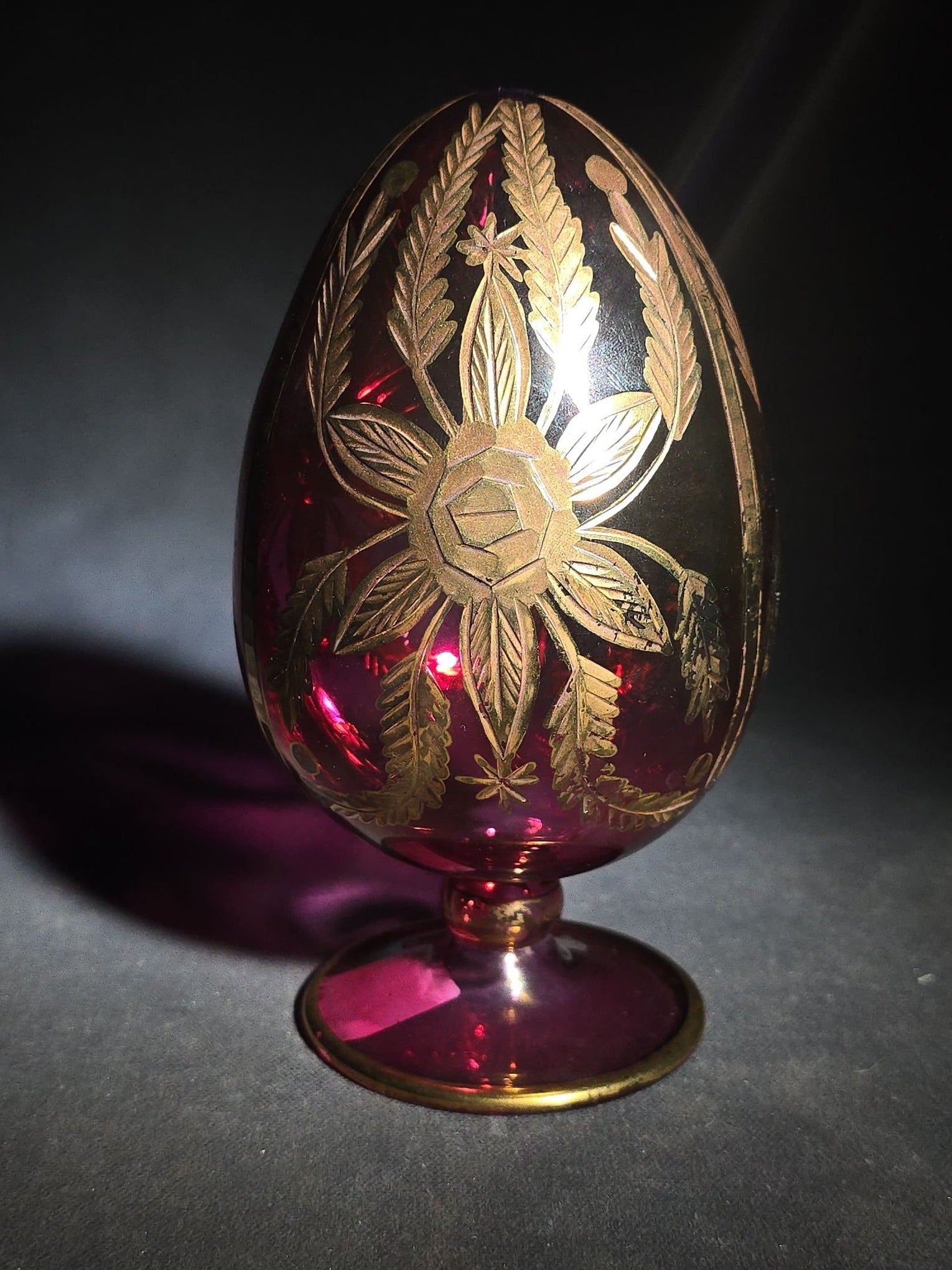 Modern Egyptian Glass Egg with Gold Floral Decoration on Pedestal Base