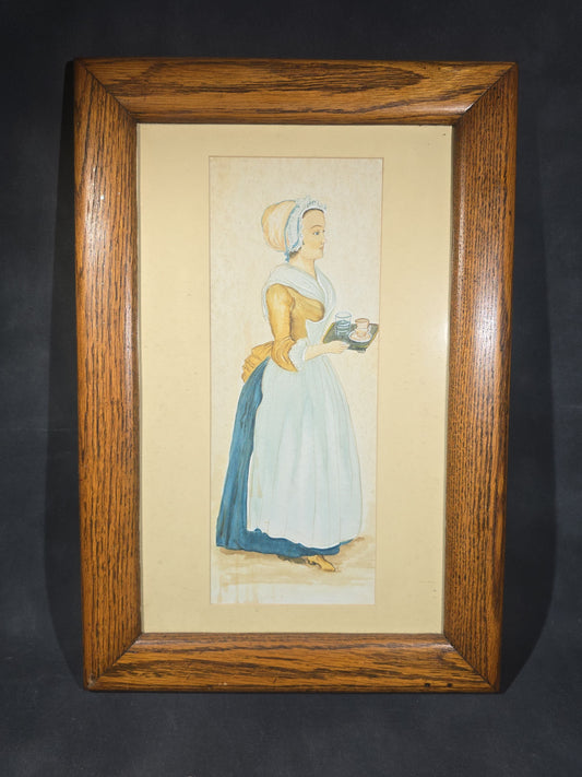 Vintage Framed Watercolor Painting on Paper, "La Belle Chocolatiere" Chocolate Maid after Jean-Etienne Liotard, Advertising Walter Baker & Co.