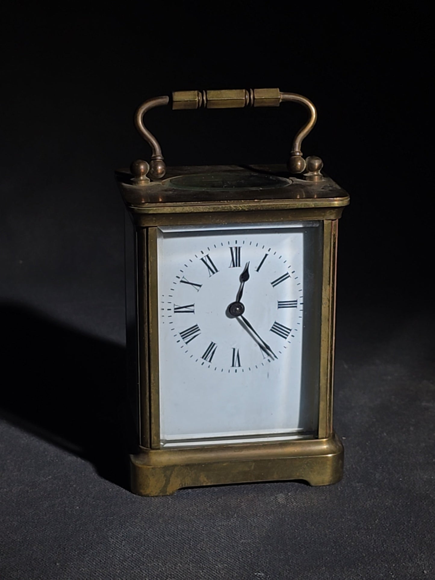 Antique French Brass Carriage Clock with Five Beveled Glass Panels and Roman Numeral Dial, Made in France