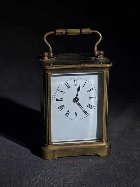 Antique French Brass Carriage Clock with Five Beveled Glass Panels and Roman Numeral Dial, Made in France