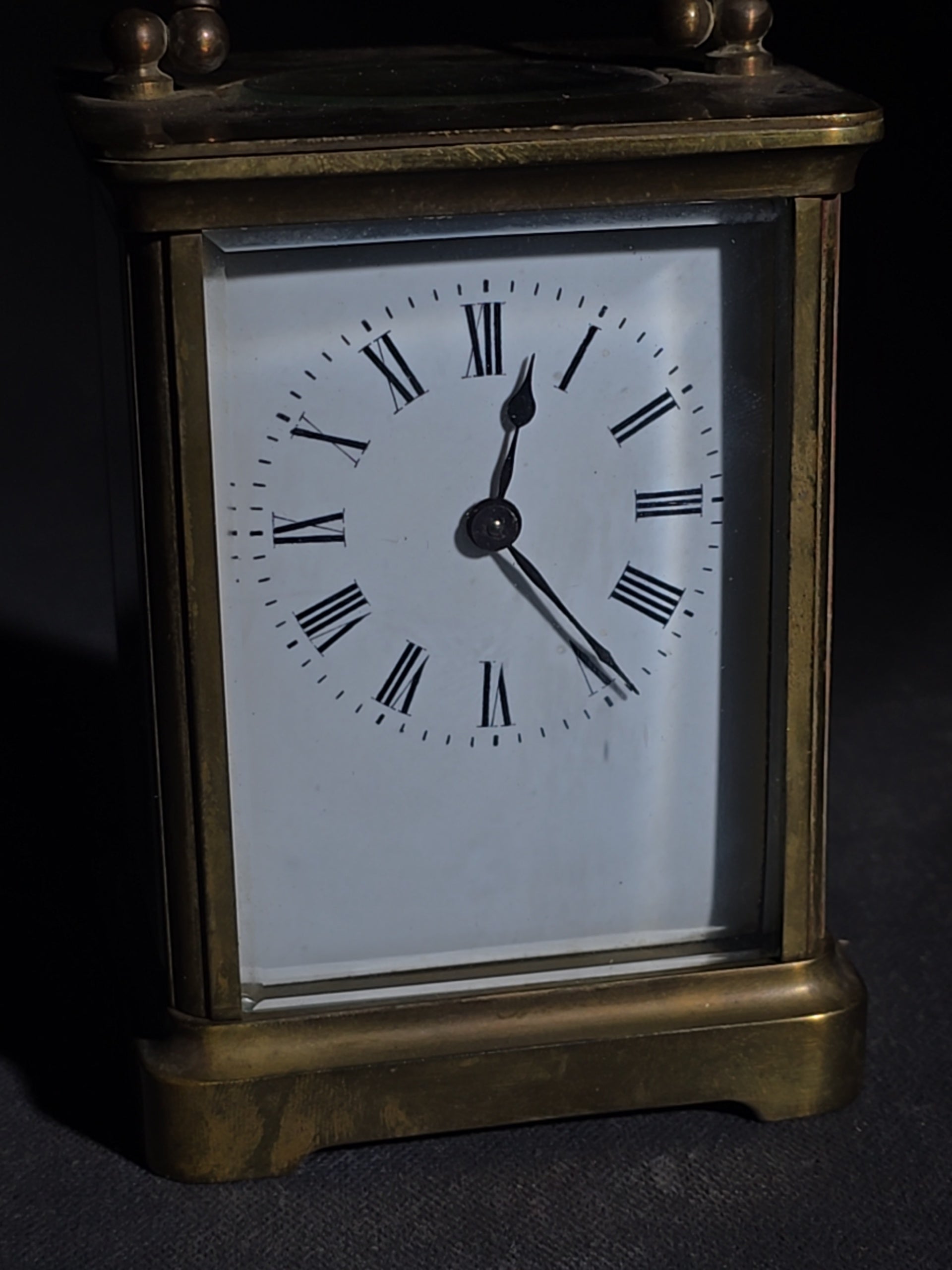 Antique French Brass Carriage Clock with Five Beveled Glass Panels and Roman Numeral Dial, Made in France