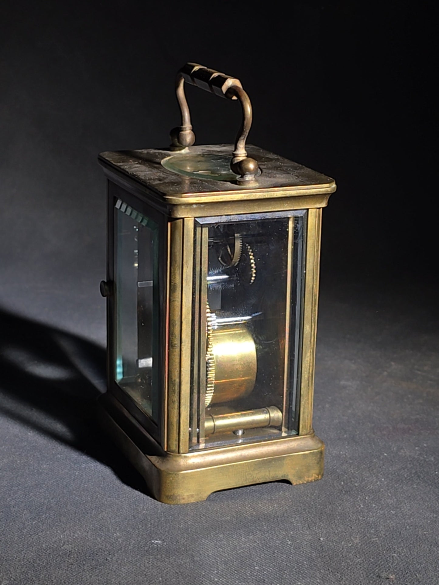 Antique French Brass Carriage Clock with Five Beveled Glass Panels and Roman Numeral Dial, Made in France
