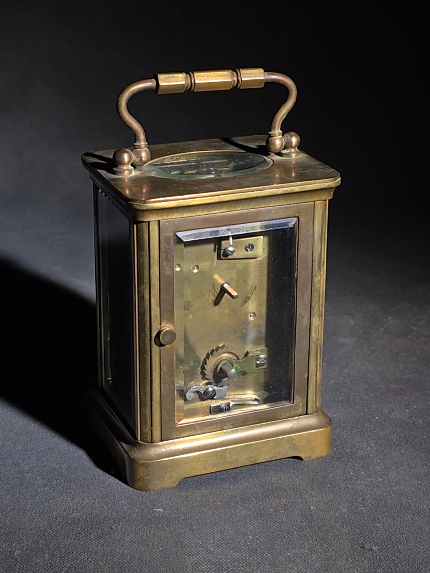 Antique French Brass Carriage Clock with Five Beveled Glass Panels and Roman Numeral Dial, Made in France