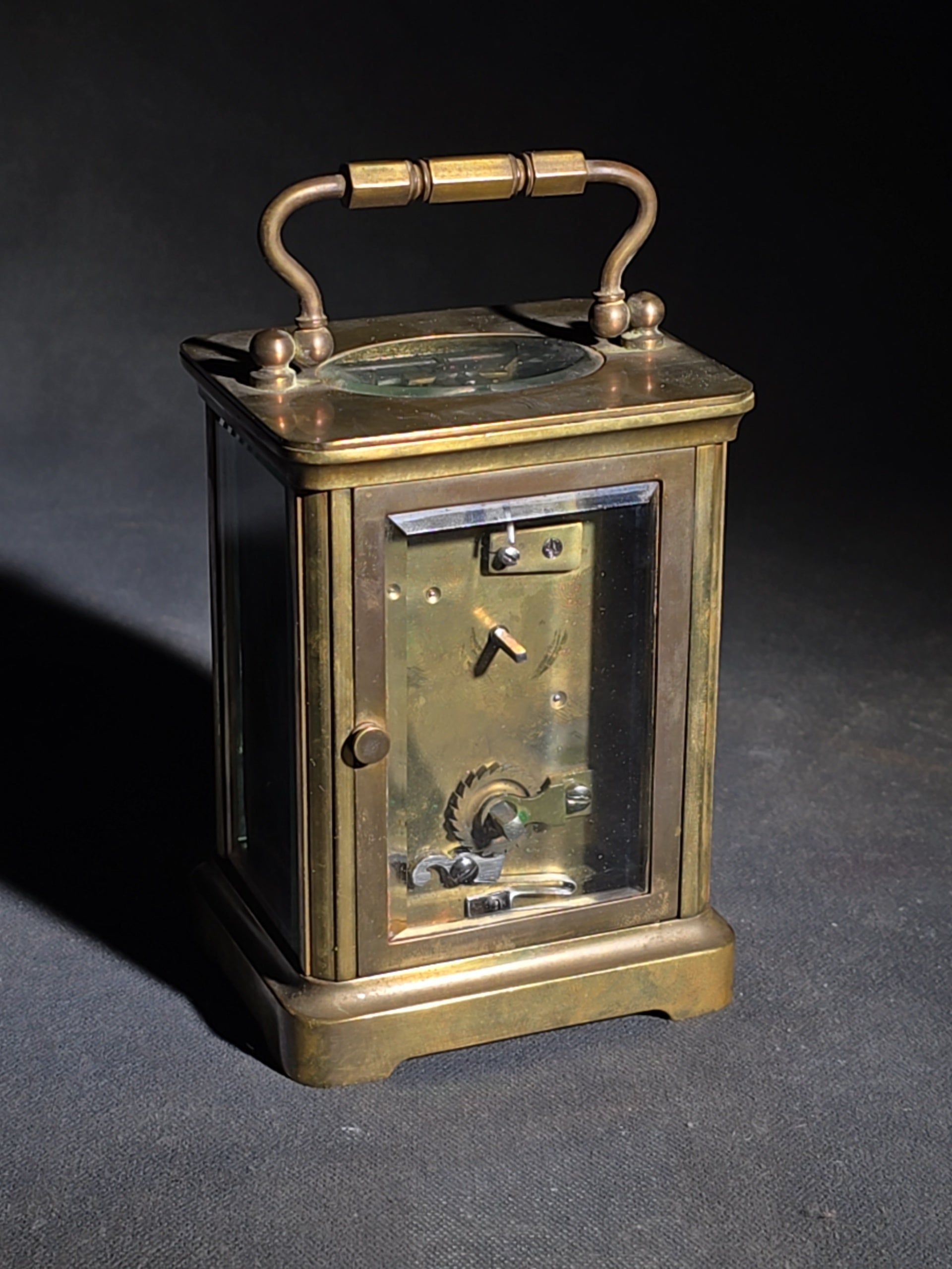 Antique French Brass Carriage Clock with Five Beveled Glass Panels and Roman Numeral Dial, Made in France