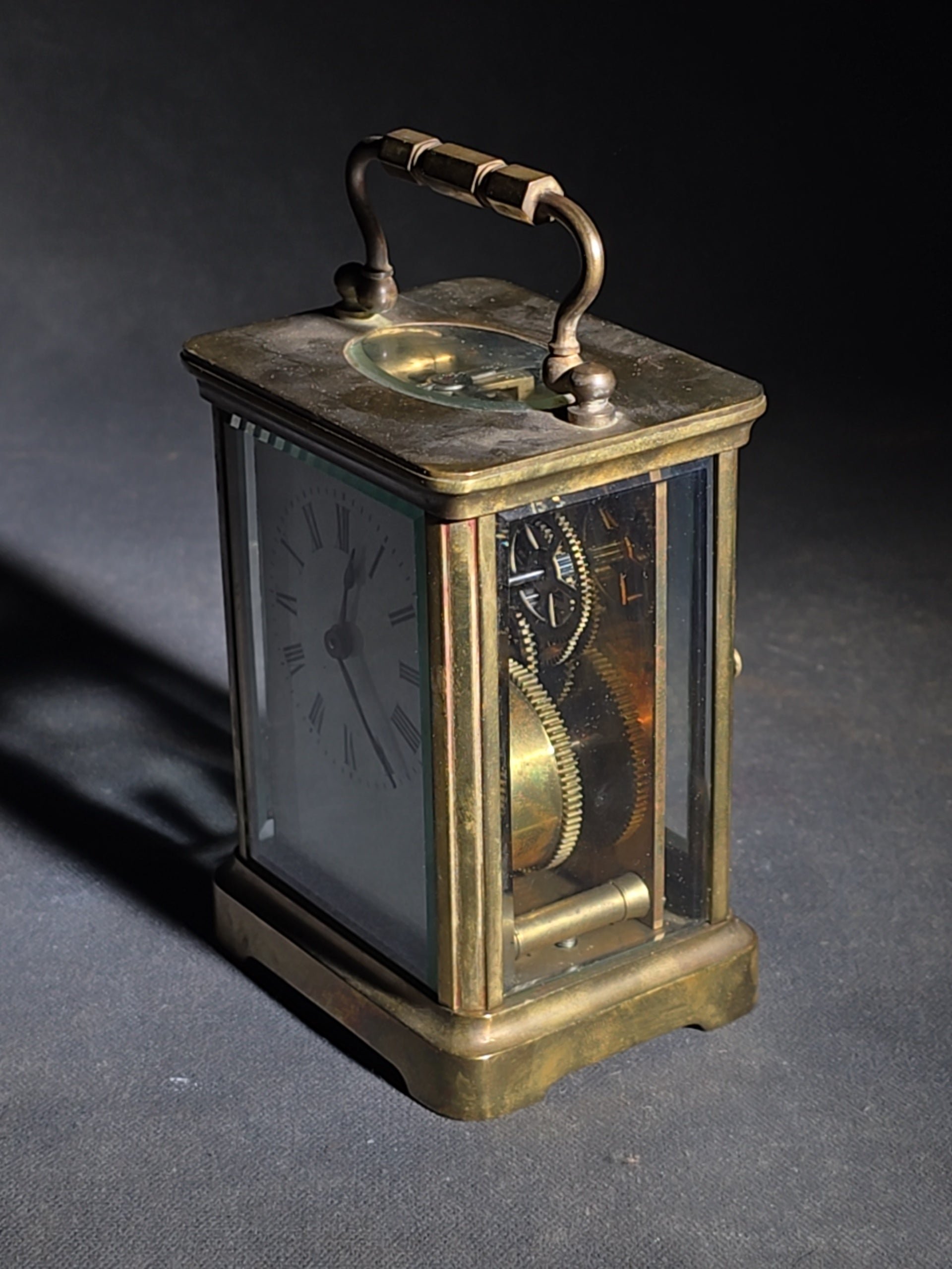 Antique French Brass Carriage Clock with Five Beveled Glass Panels and Roman Numeral Dial, Made in France