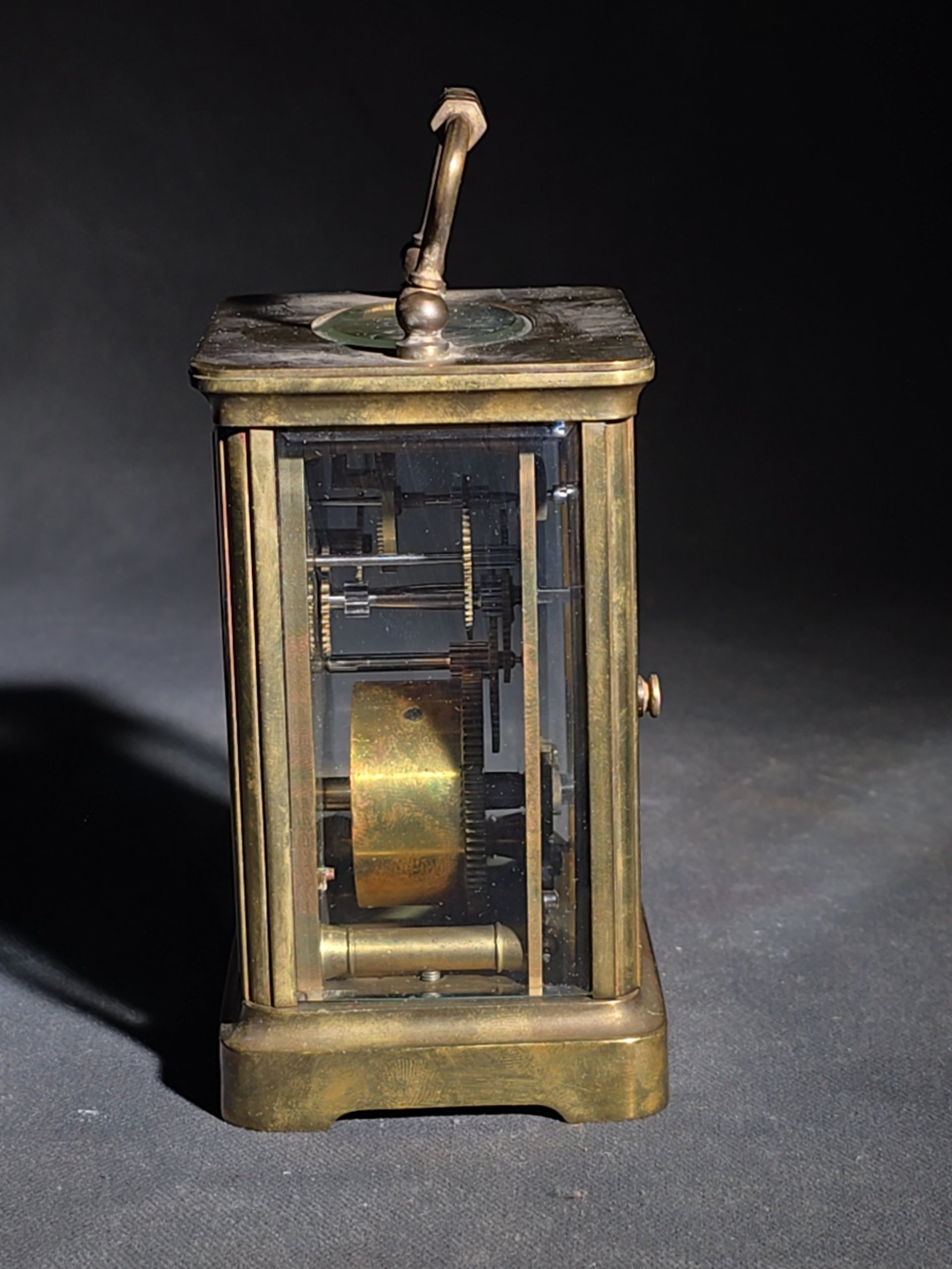 Antique French Brass Carriage Clock with Five Beveled Glass Panels and Roman Numeral Dial, Made in France