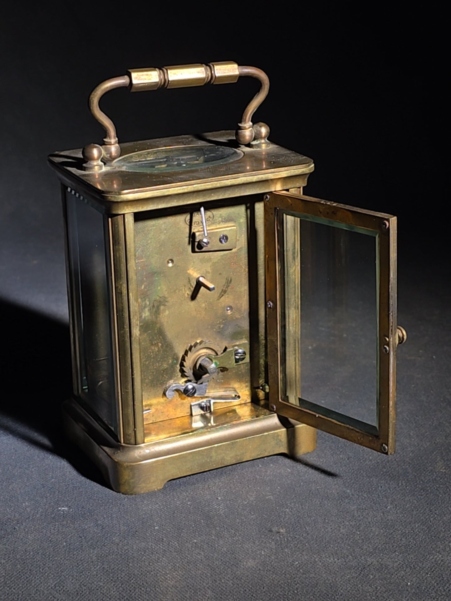 Antique French Brass Carriage Clock with Five Beveled Glass Panels and Roman Numeral Dial, Made in France