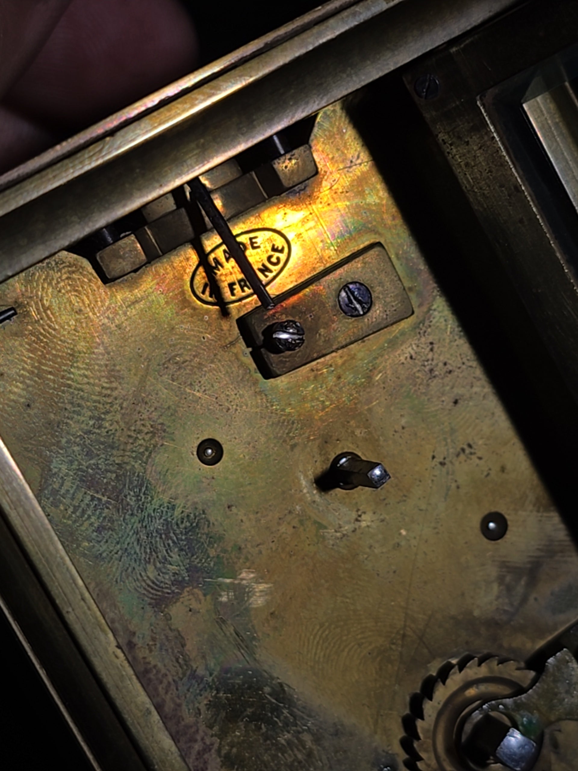 Antique French Brass Carriage Clock with Five Beveled Glass Panels and Roman Numeral Dial, Made in France