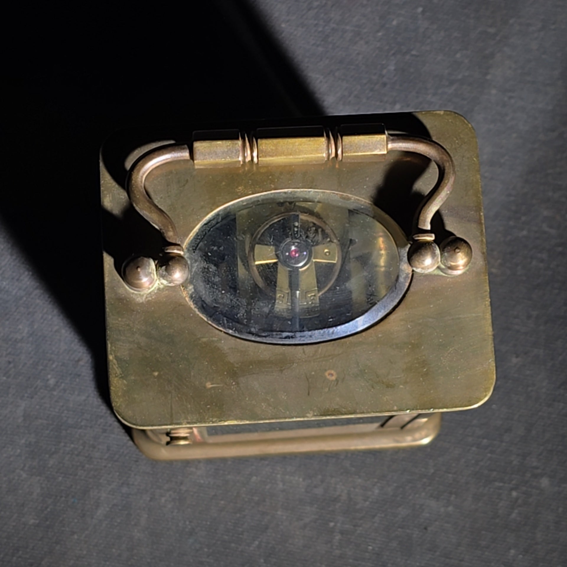 Antique French Brass Carriage Clock with Five Beveled Glass Panels and Roman Numeral Dial, Made in France