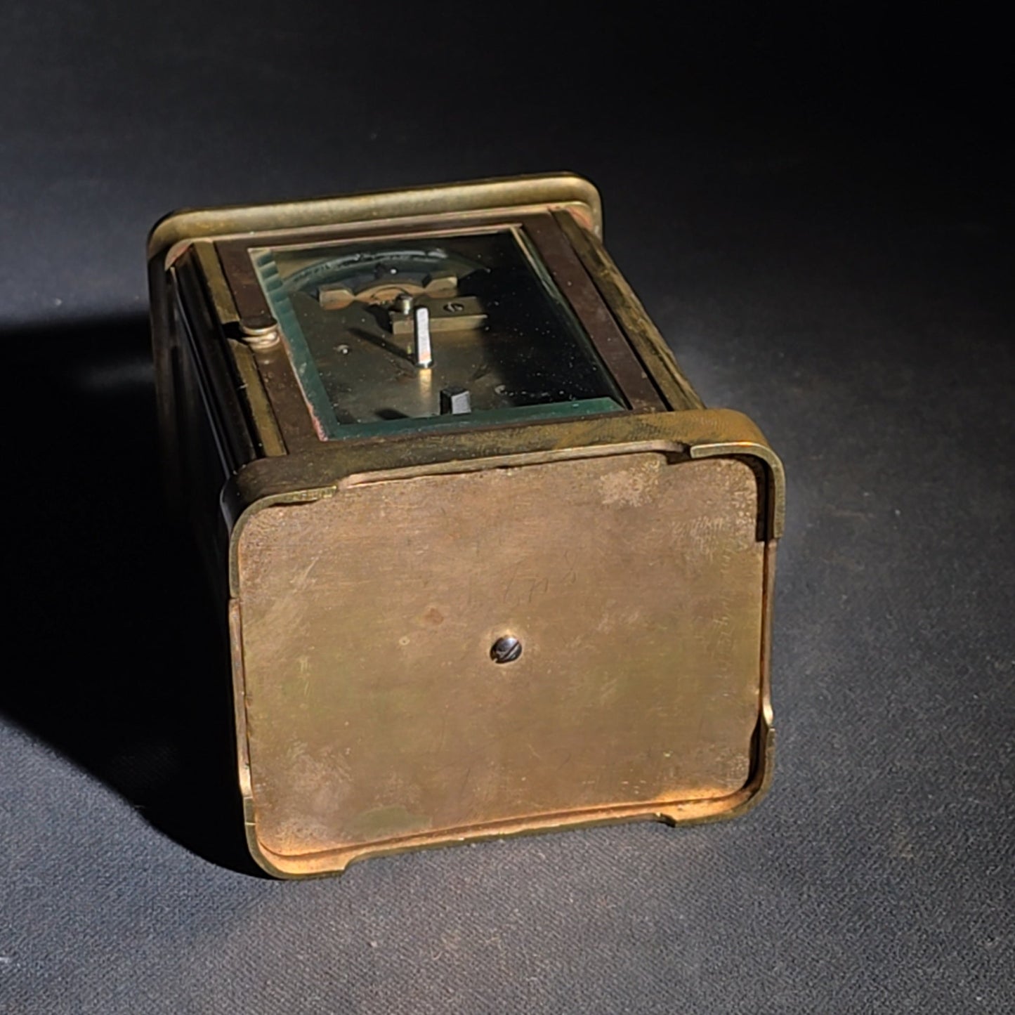 Antique French Brass Carriage Clock with Five Beveled Glass Panels and Roman Numeral Dial, Made in France
