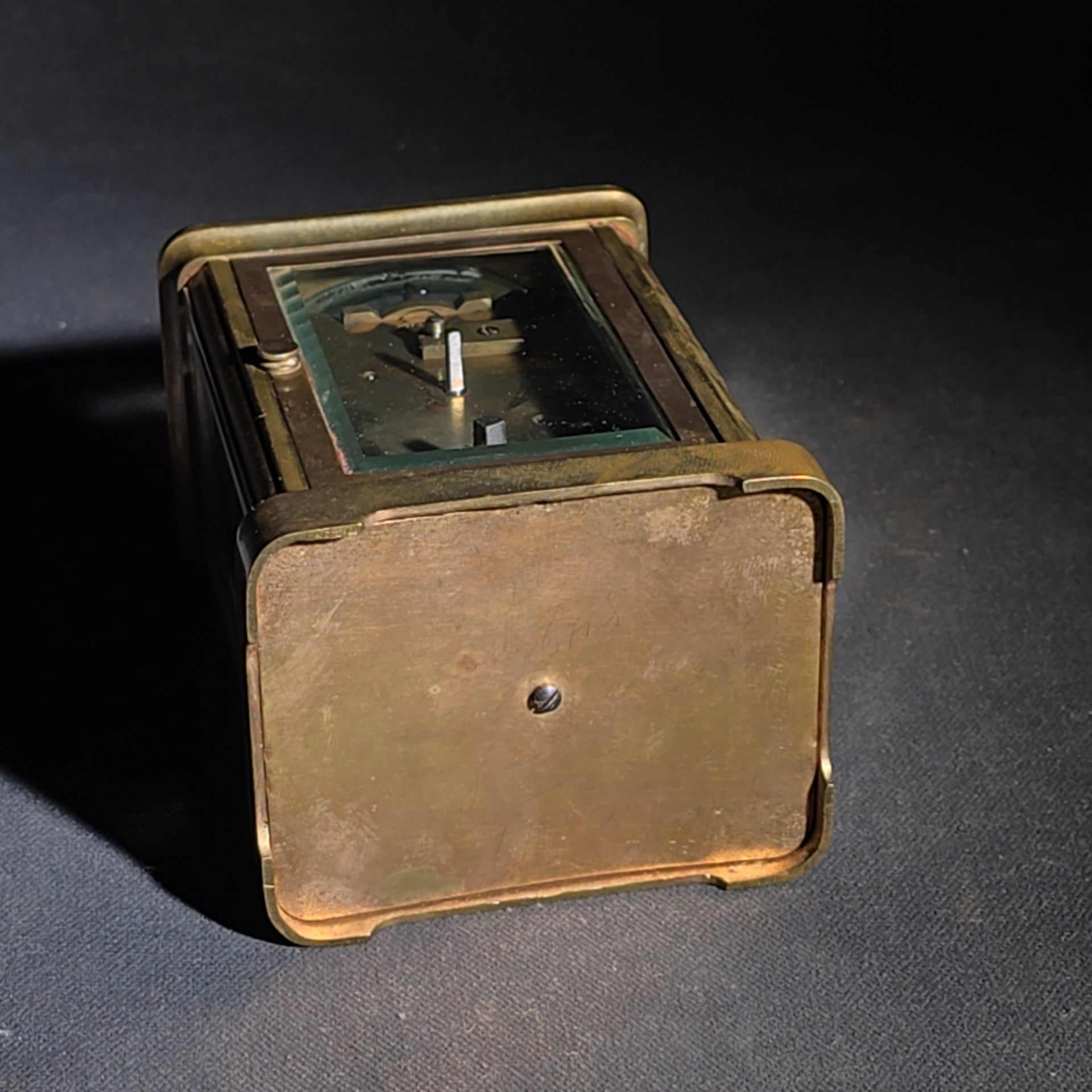 Antique French Brass Carriage Clock with Five Beveled Glass Panels and Roman Numeral Dial, Made in France