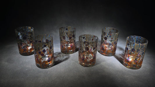 Grouping of Six Vintage Hand-Painted Glass Tumblers with Equestrian and Floral Forest Scenes, Designed by Kurt Hammer, Unsigned
