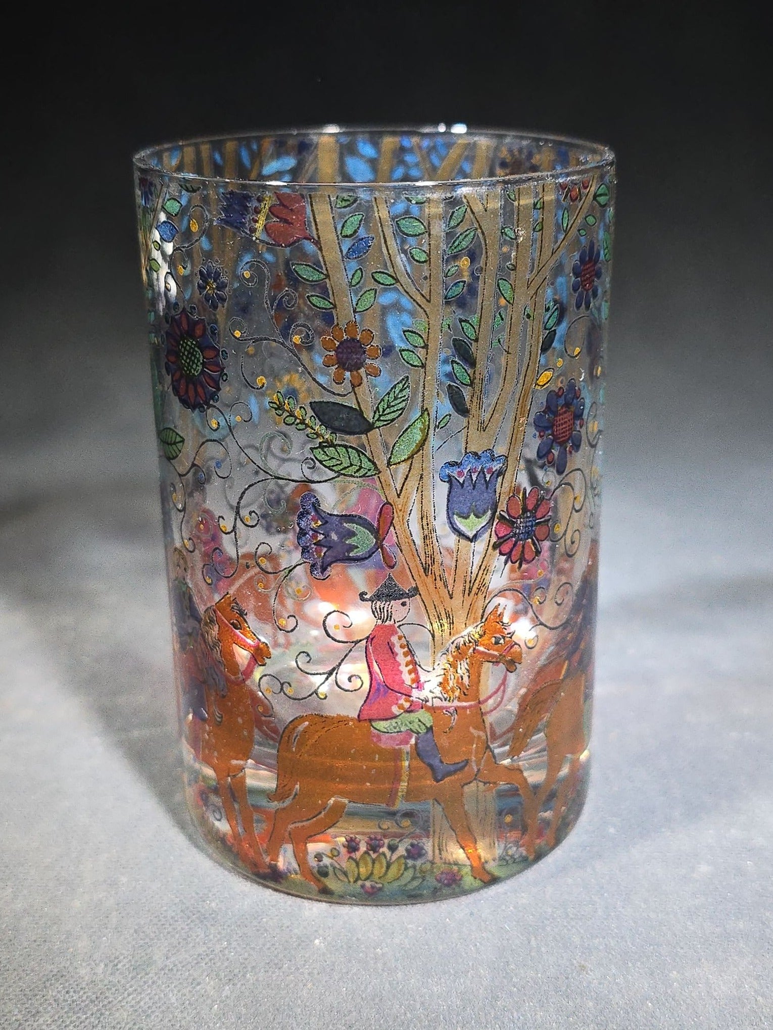 Grouping of Six Vintage Hand-Painted Glass Tumblers with Equestrian and Floral Forest Scenes, Designed by Kurt Hammer, Unsigned