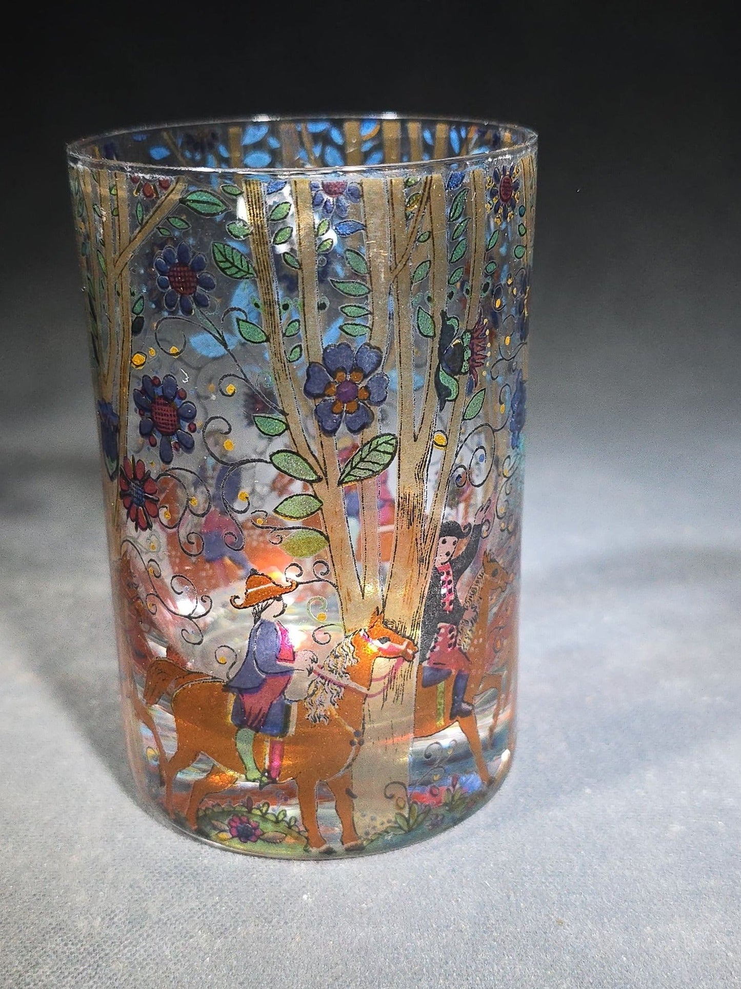 Grouping of Six Vintage Hand-Painted Glass Tumblers with Equestrian and Floral Forest Scenes, Designed by Kurt Hammer, Unsigned
