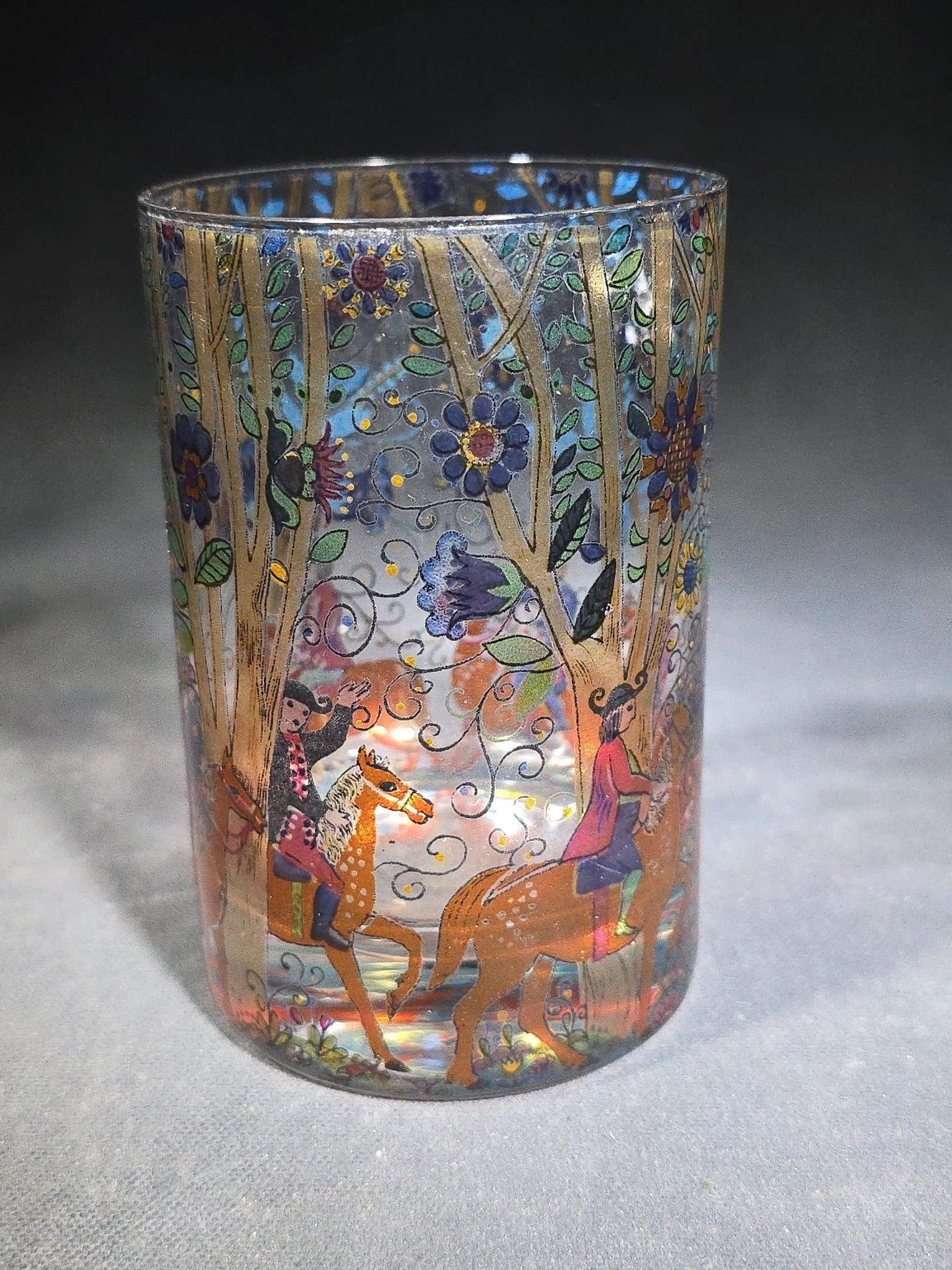 Grouping of Six Vintage Hand-Painted Glass Tumblers with Equestrian and Floral Forest Scenes, Designed by Kurt Hammer, Unsigned