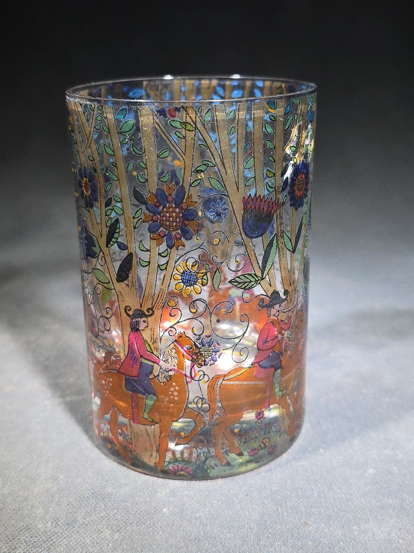 Grouping of Six Vintage Hand-Painted Glass Tumblers with Equestrian and Floral Forest Scenes, Designed by Kurt Hammer, Unsigned