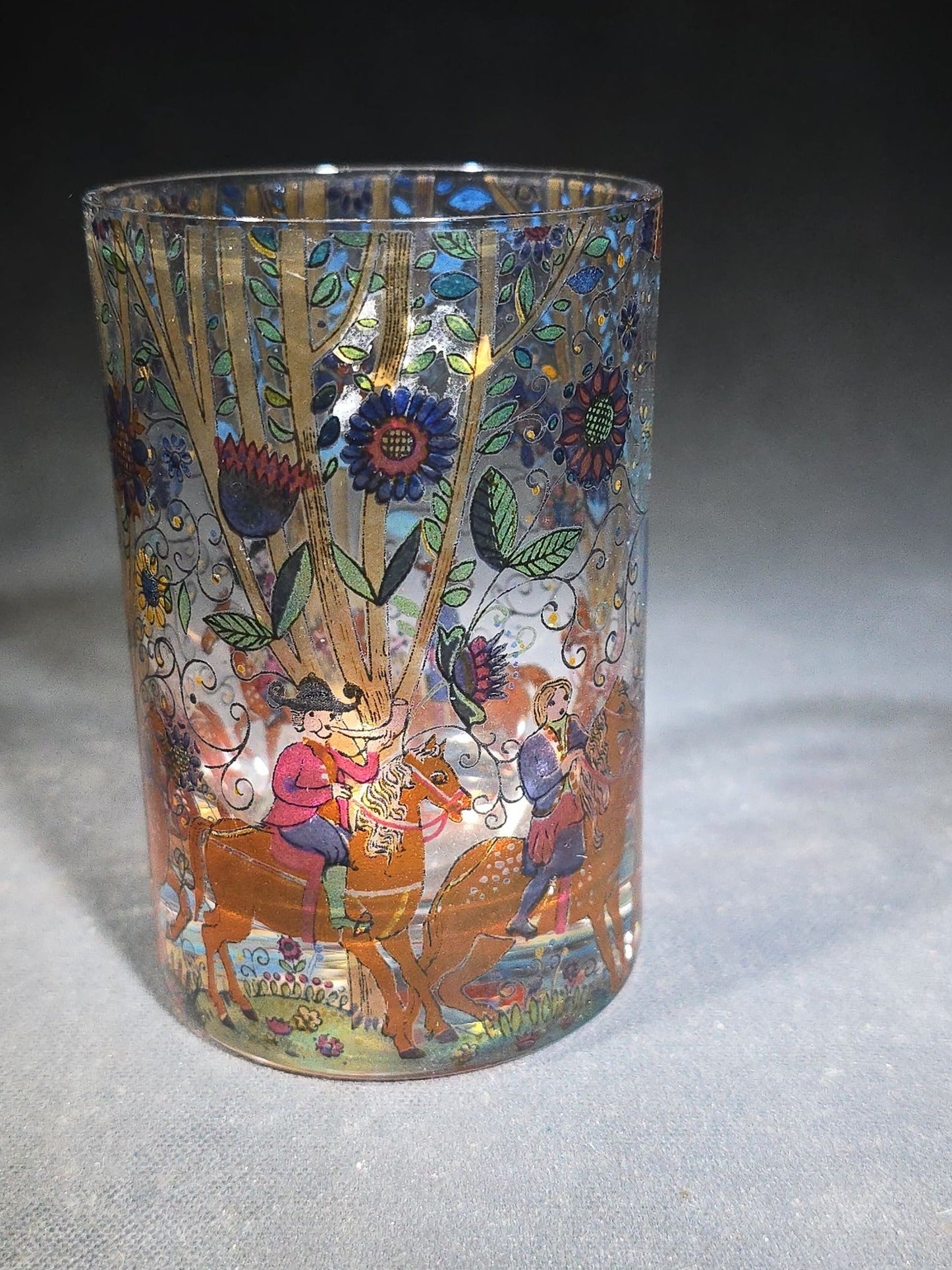 Grouping of Six Vintage Hand-Painted Glass Tumblers with Equestrian and Floral Forest Scenes, Designed by Kurt Hammer, Unsigned