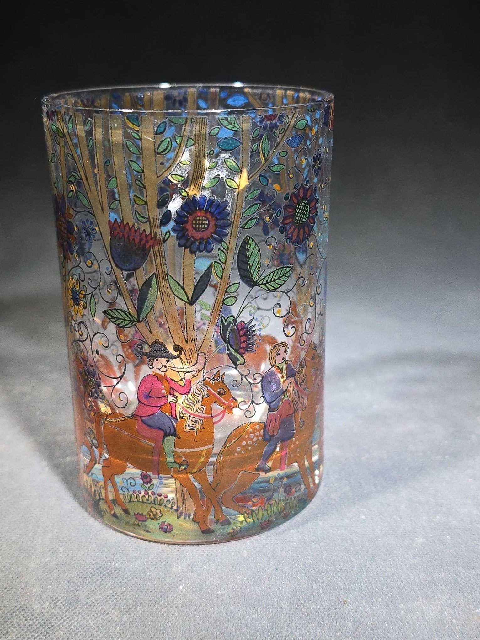 Grouping of Six Vintage Hand-Painted Glass Tumblers with Equestrian and Floral Forest Scenes, Designed by Kurt Hammer, Unsigned