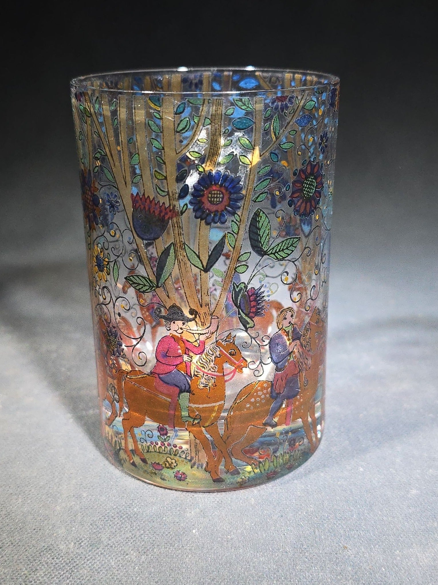 Grouping of Six Vintage Hand-Painted Glass Tumblers with Equestrian and Floral Forest Scenes, Designed by Kurt Hammer, Unsigned