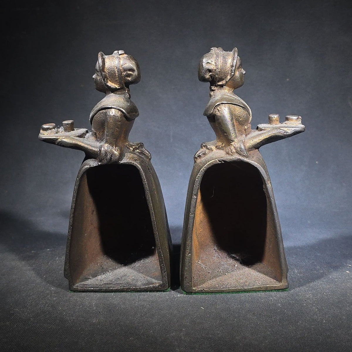 Pair of Antique Cast Iron Advertising Bookends and "Choice Recipes" Booklet, Walter Baker & Co. Ltd., Dorchester, Massachusetts, "La Belle Chocolatiere" Chocolate Maid Figure