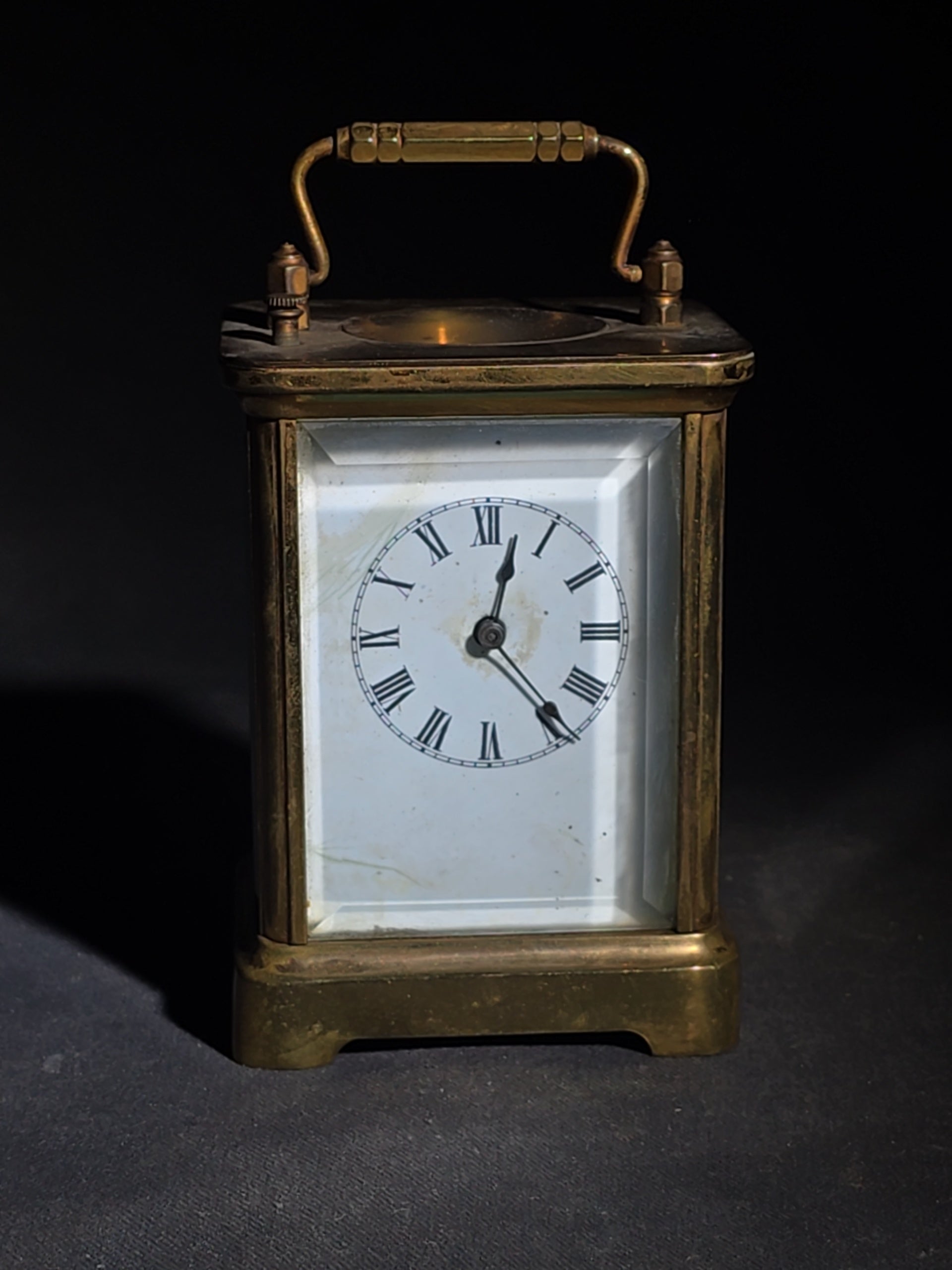 Antique French Brass Carriage Clock with Four Beveled Glass Panels and Roman Numeral Dial, Patented 1891