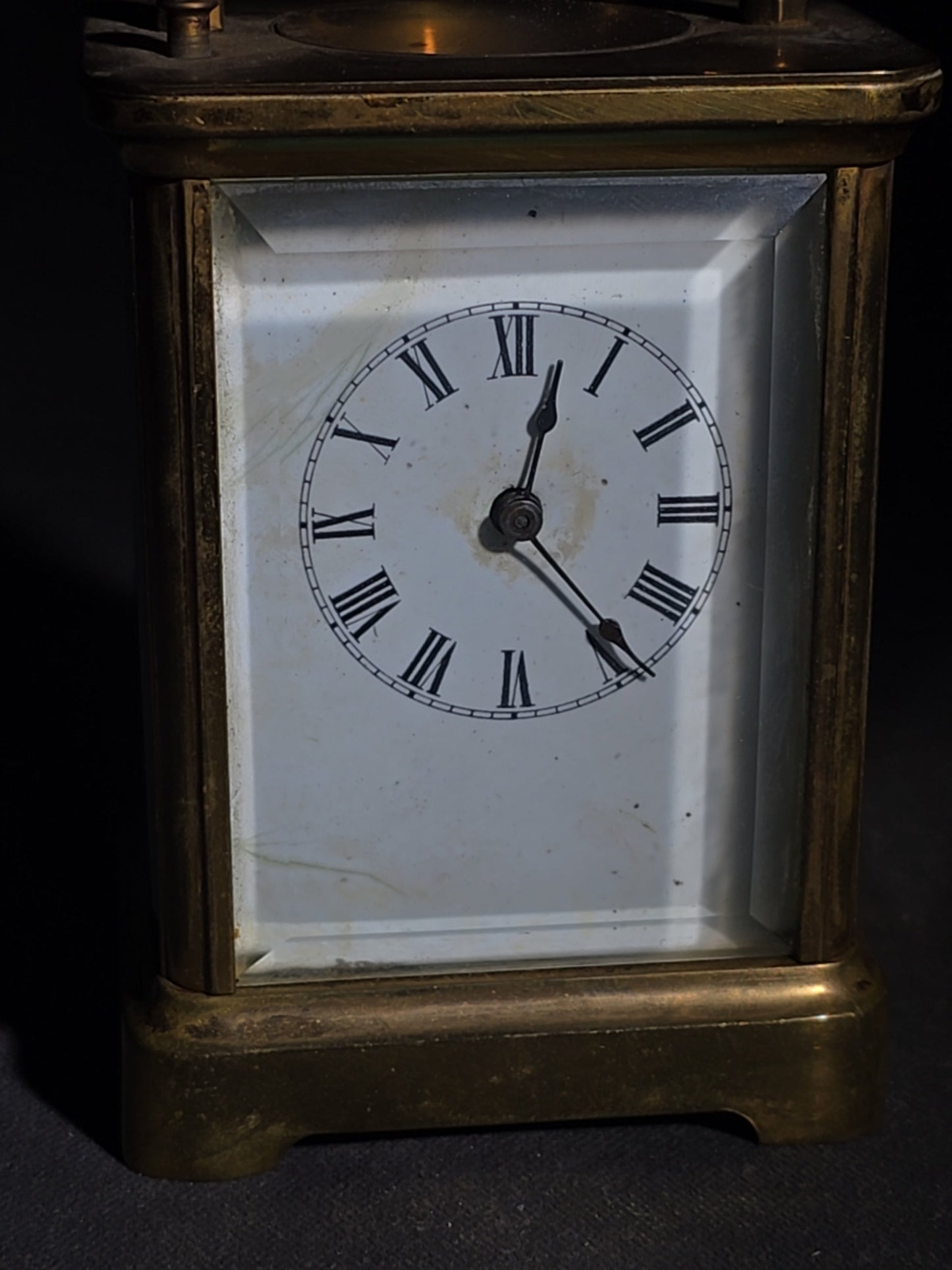 Antique French Brass Carriage Clock with Four Beveled Glass Panels and Roman Numeral Dial, Patented 1891