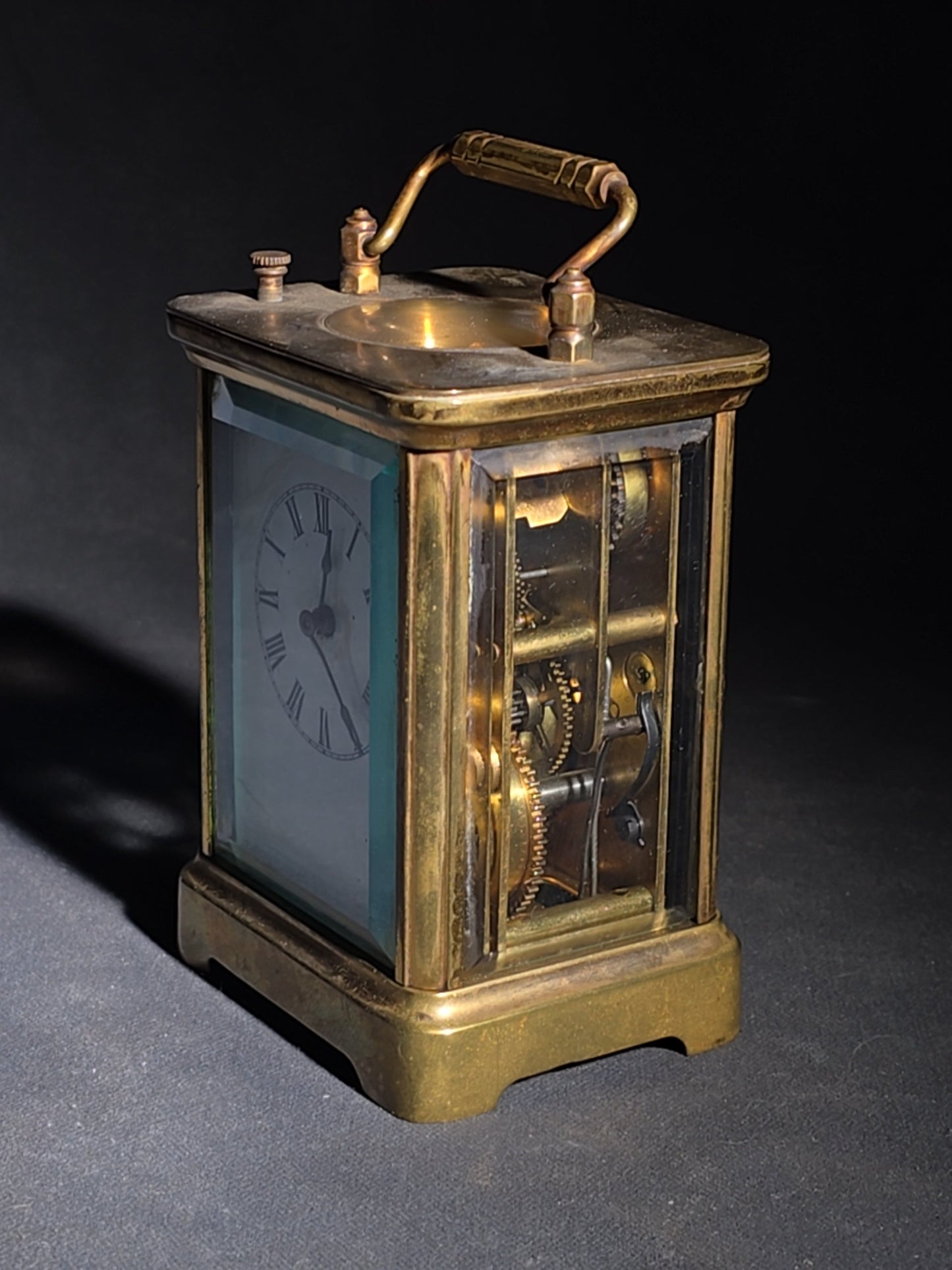 Antique French Brass Carriage Clock with Four Beveled Glass Panels and Roman Numeral Dial, Patented 1891