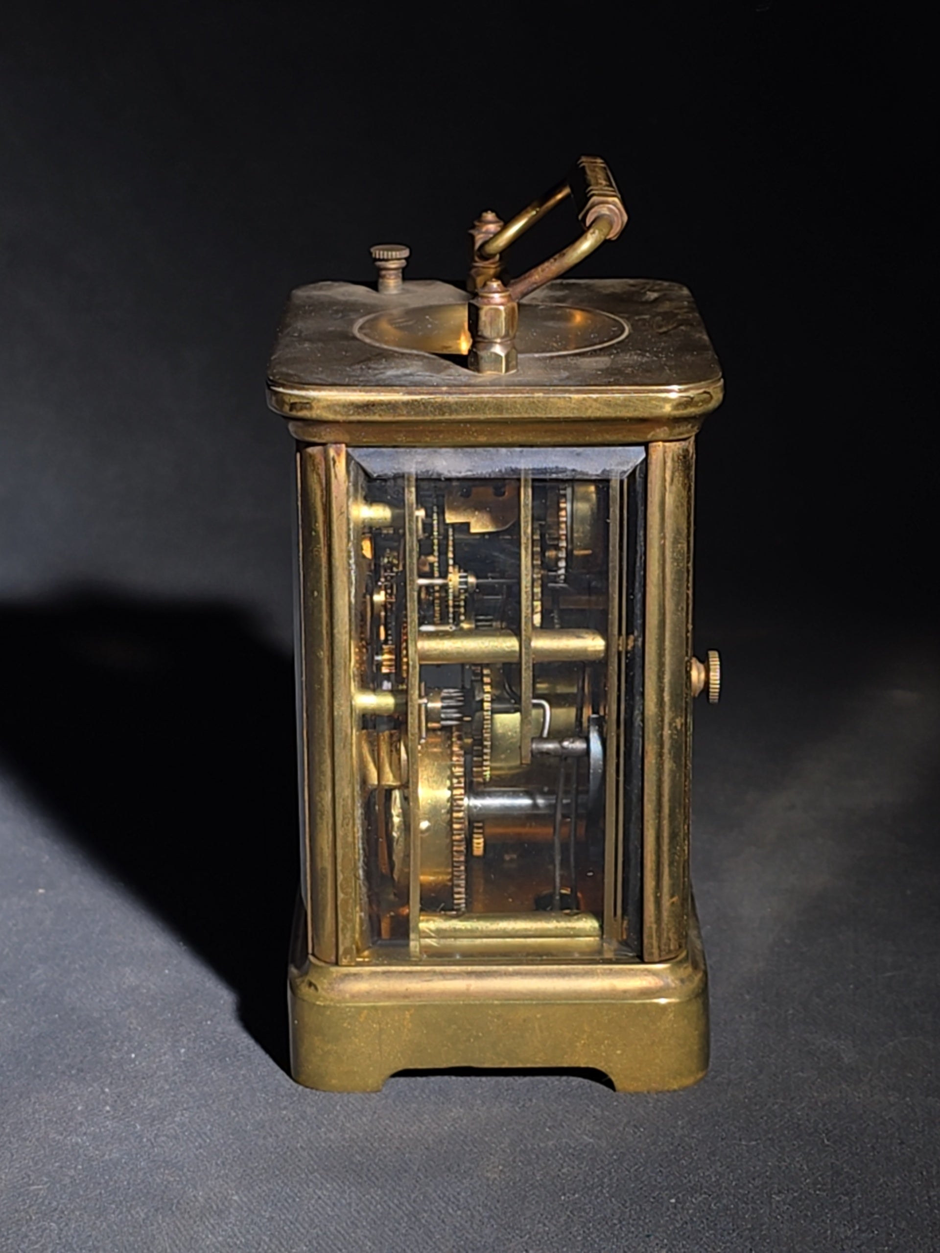 Antique French Brass Carriage Clock with Four Beveled Glass Panels and Roman Numeral Dial, Patented 1891