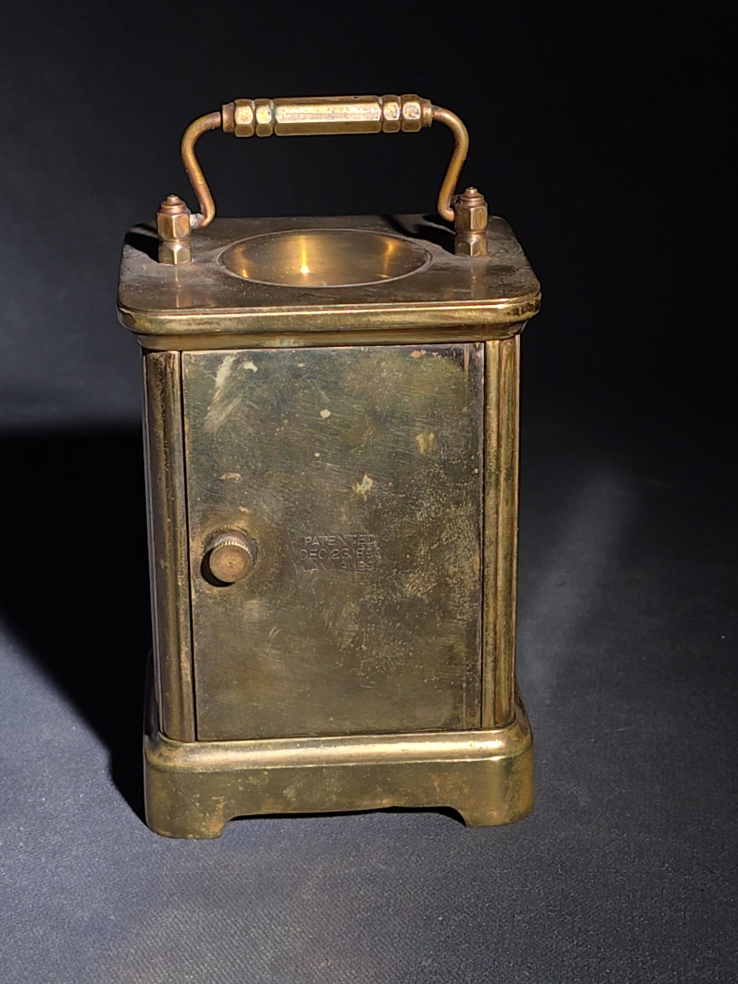Antique French Brass Carriage Clock with Four Beveled Glass Panels and Roman Numeral Dial, Patented 1891
