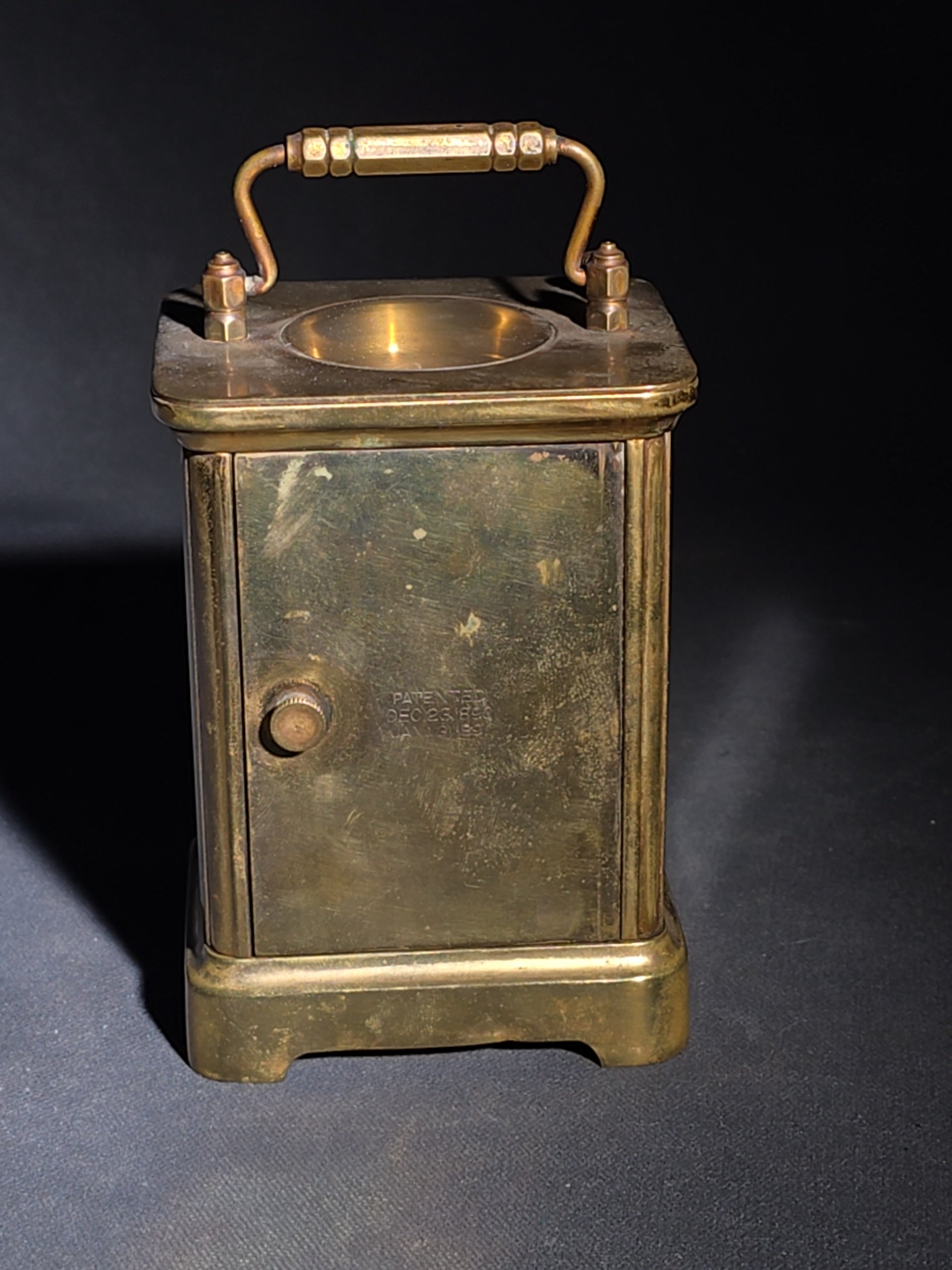 Antique French Brass Carriage Clock with Four Beveled Glass Panels and Roman Numeral Dial, Patented 1891