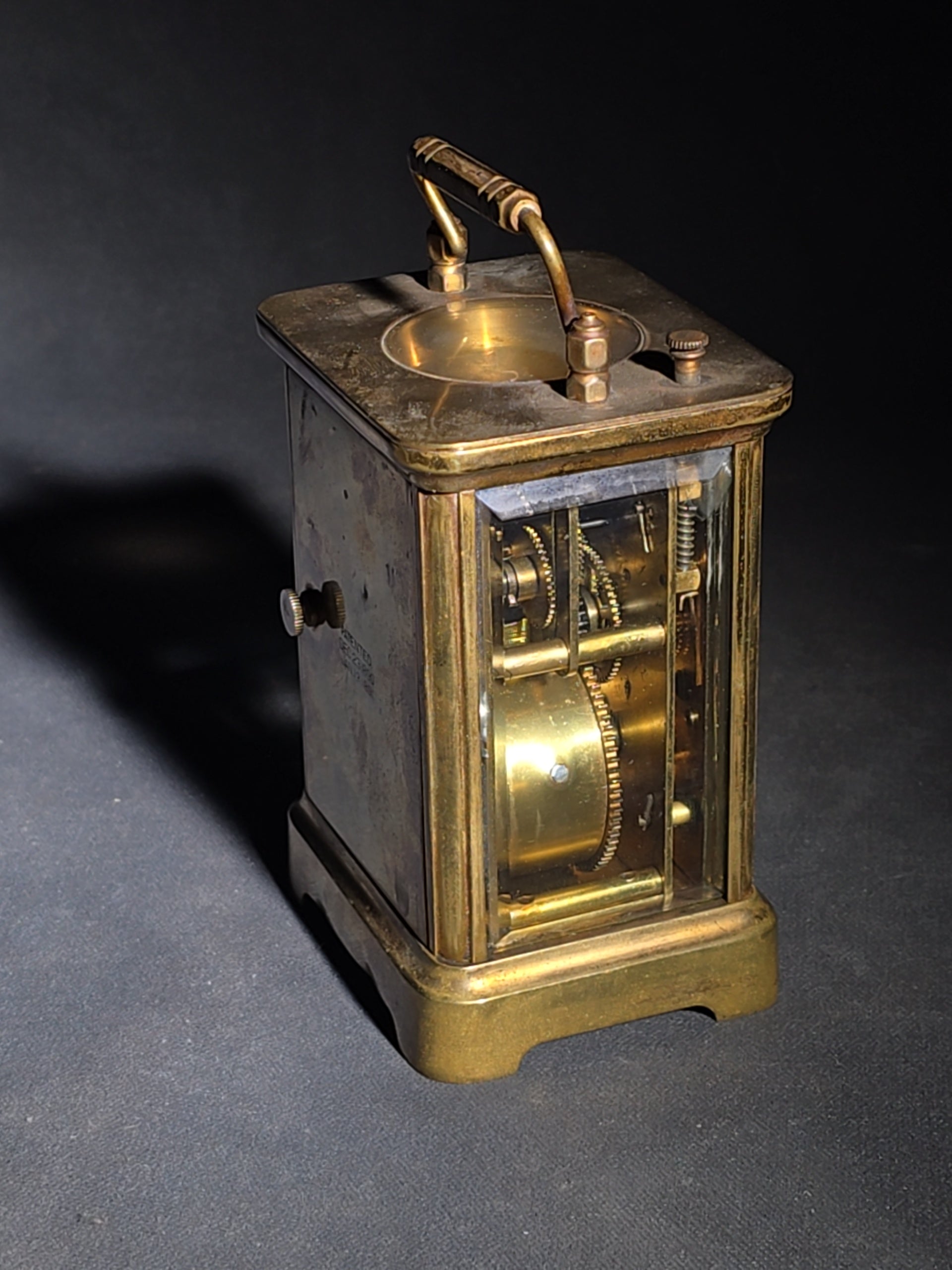 Antique French Brass Carriage Clock with Four Beveled Glass Panels and Roman Numeral Dial, Patented 1891