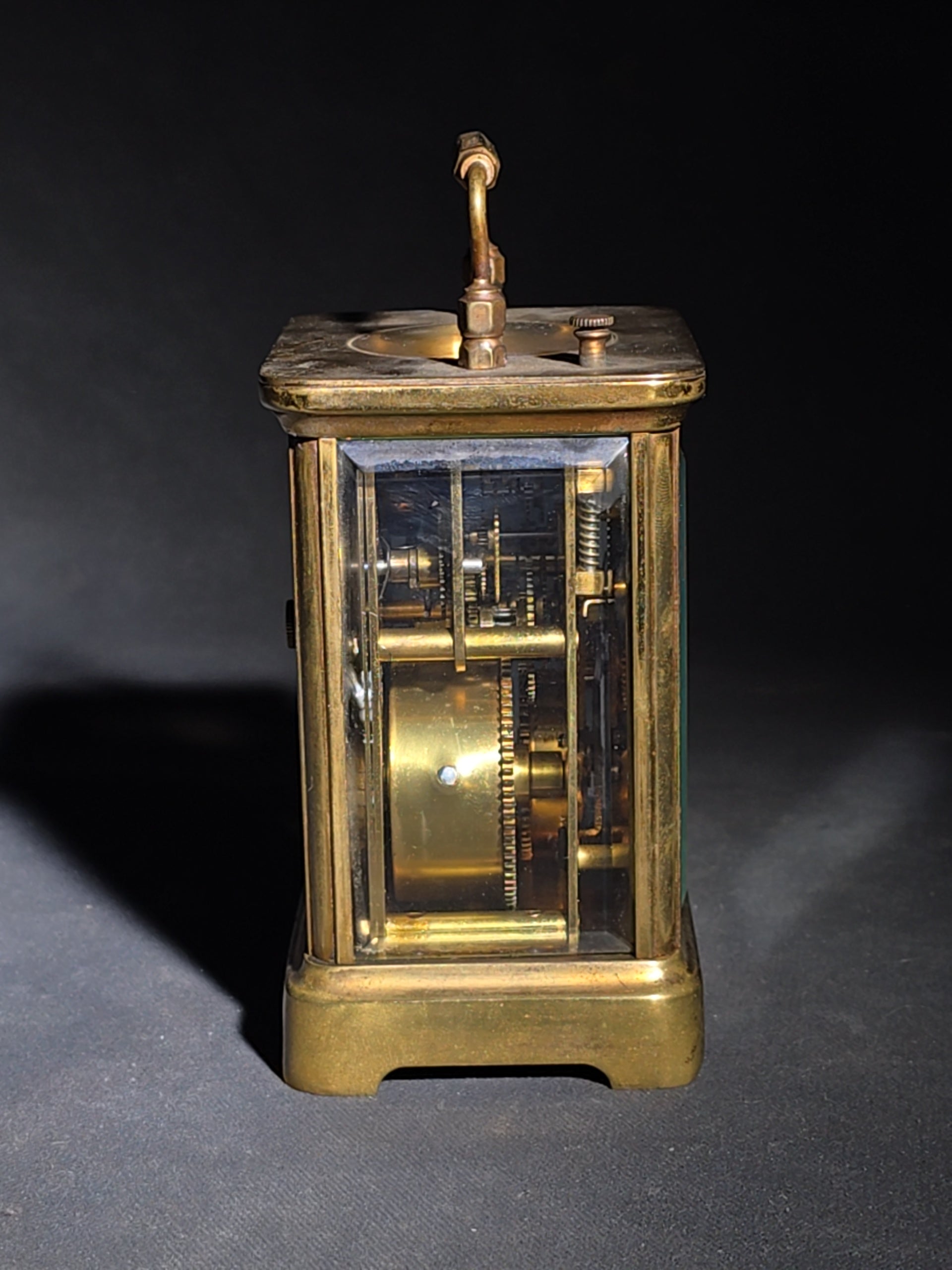 Antique French Brass Carriage Clock with Four Beveled Glass Panels and Roman Numeral Dial, Patented 1891
