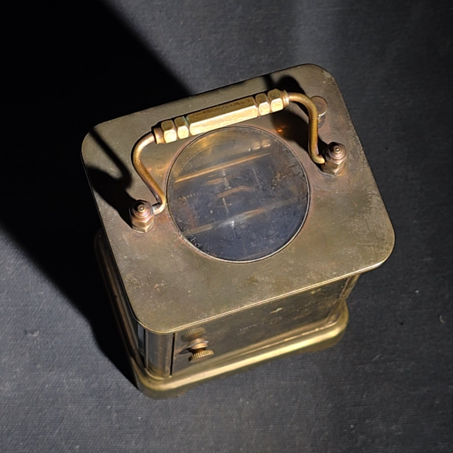 Antique French Brass Carriage Clock with Four Beveled Glass Panels and Roman Numeral Dial, Patented 1891